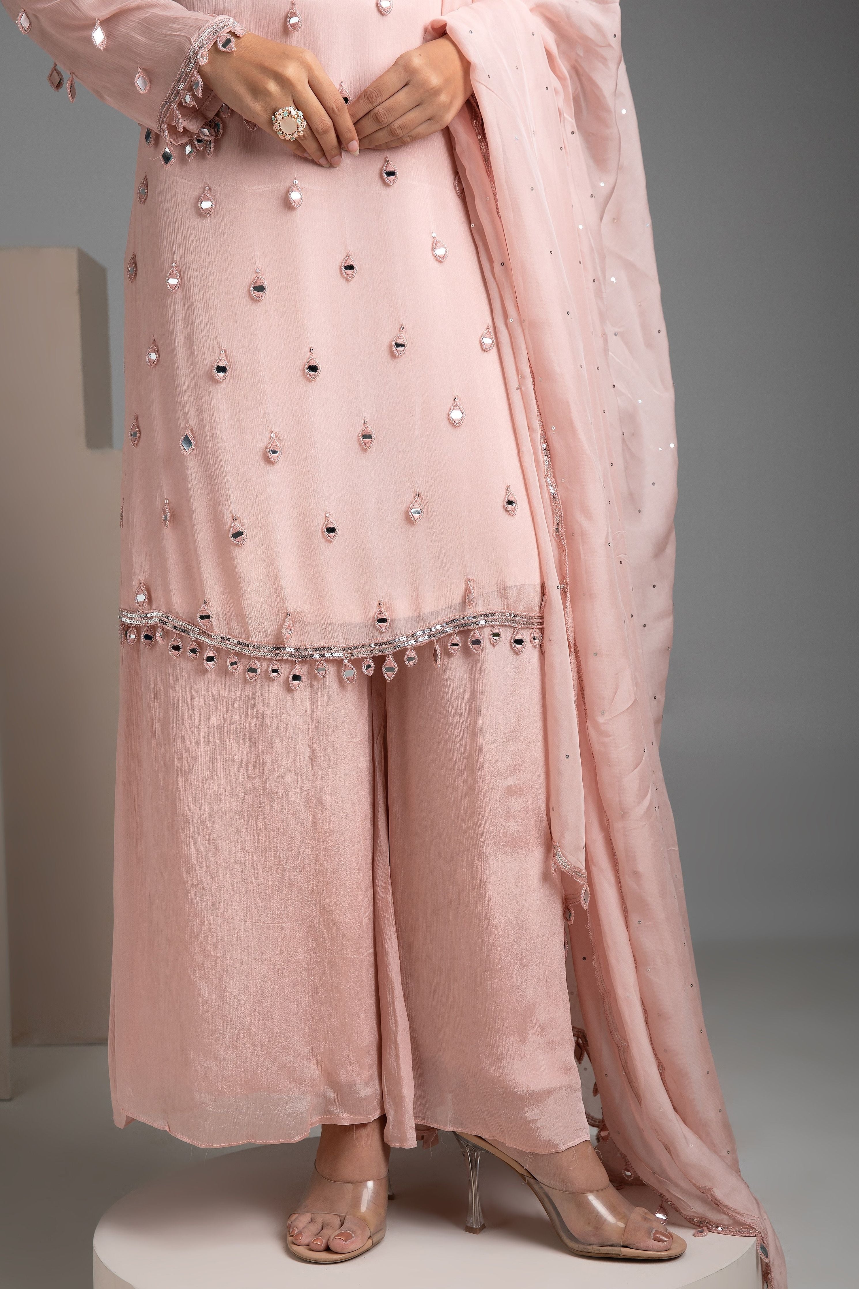 Peach chinon sharara set - Mokshaa
