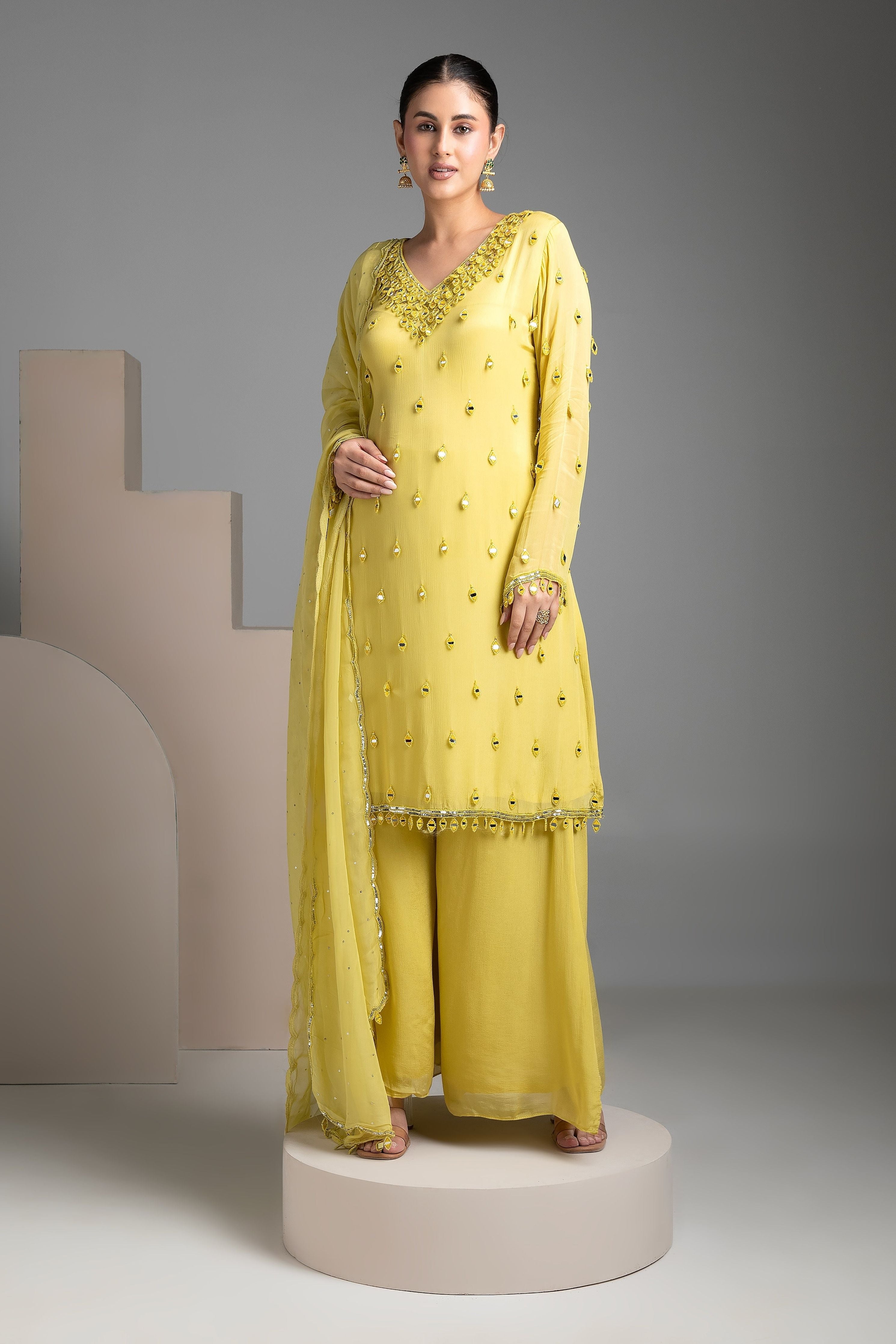 Lemon Yellow chinon sharara set - Mokshaa