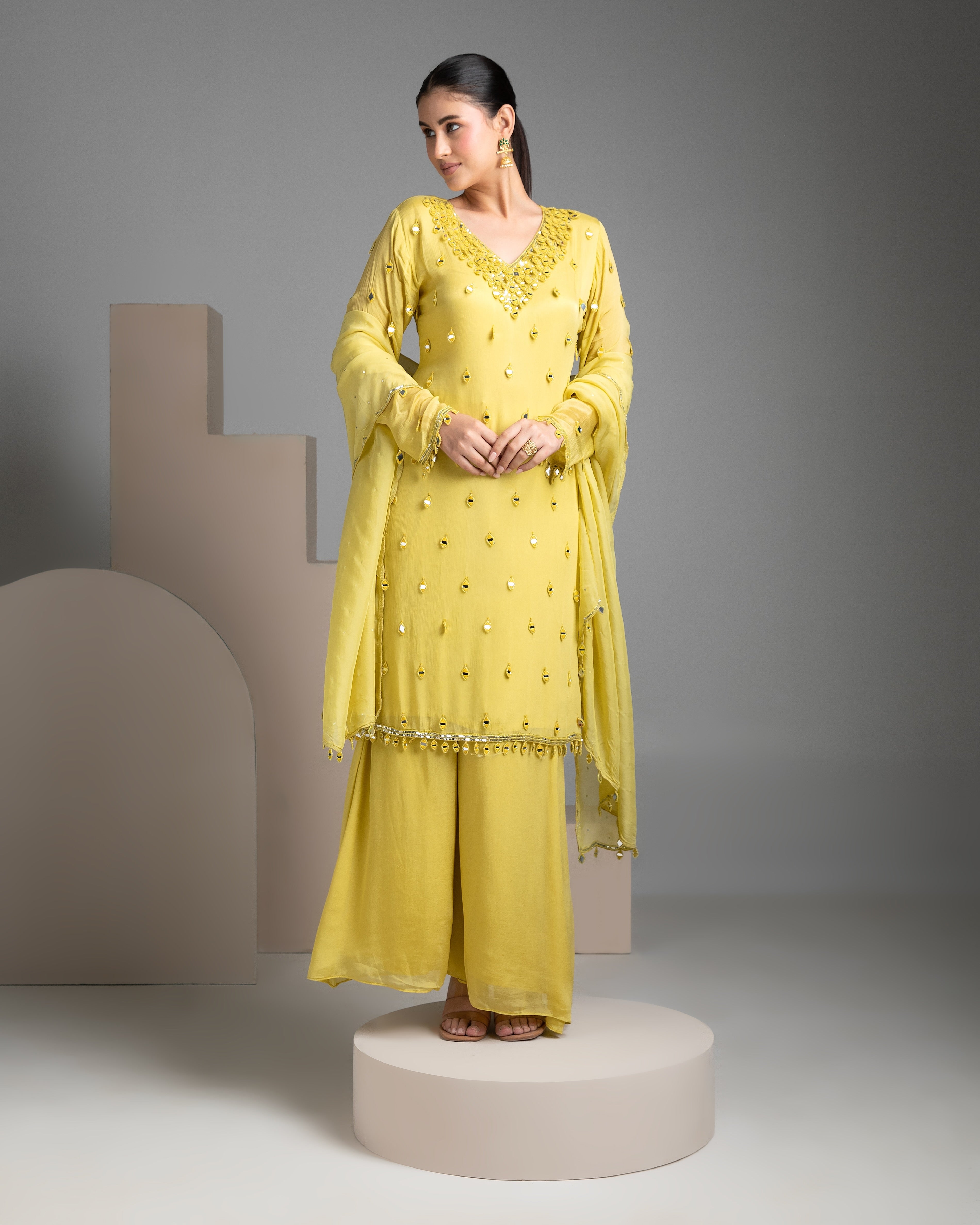 Lemon Yellow chinon sharara set - Mokshaa