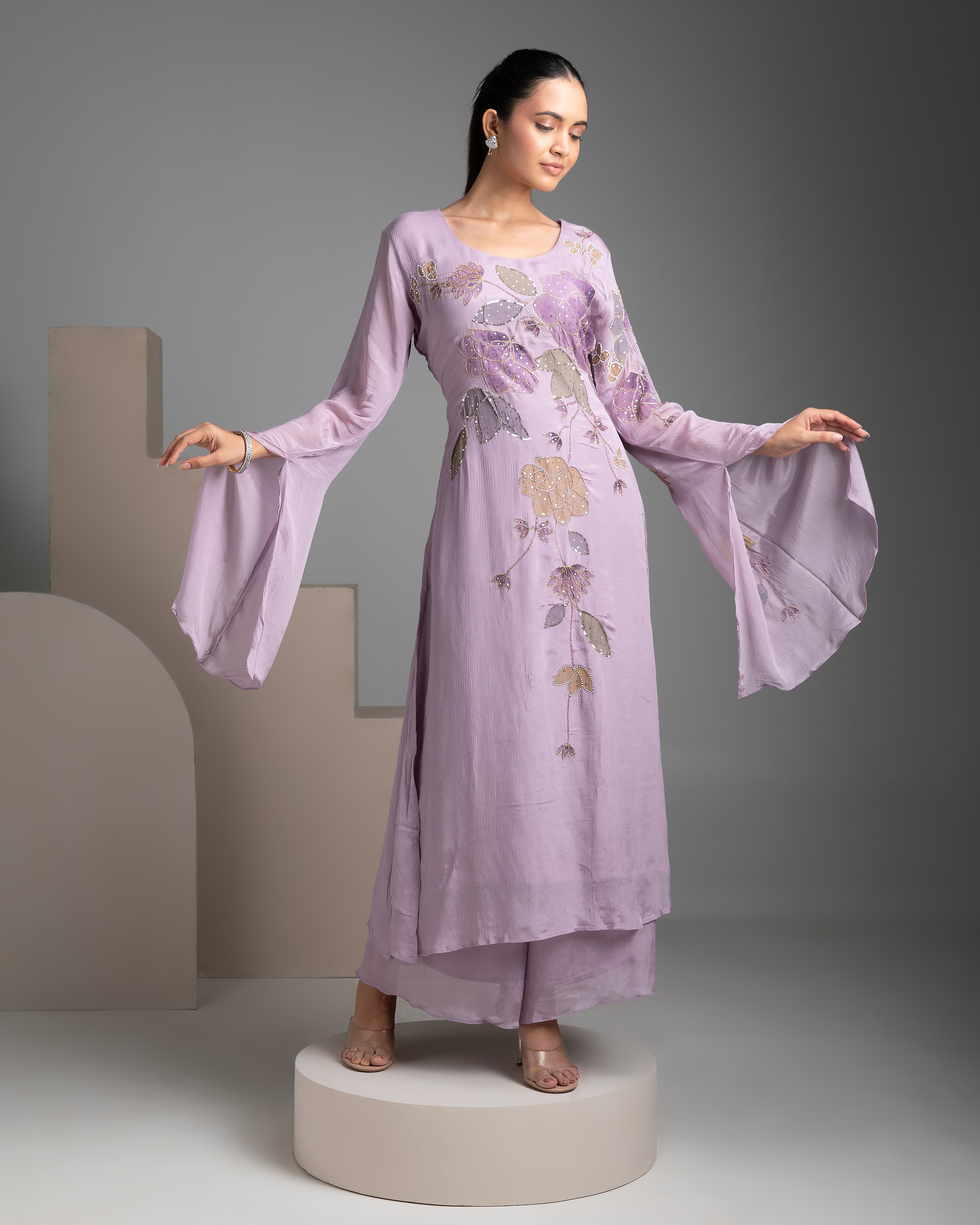 Lilac Chinon Kurta and Palazzo Set - Mokshaa