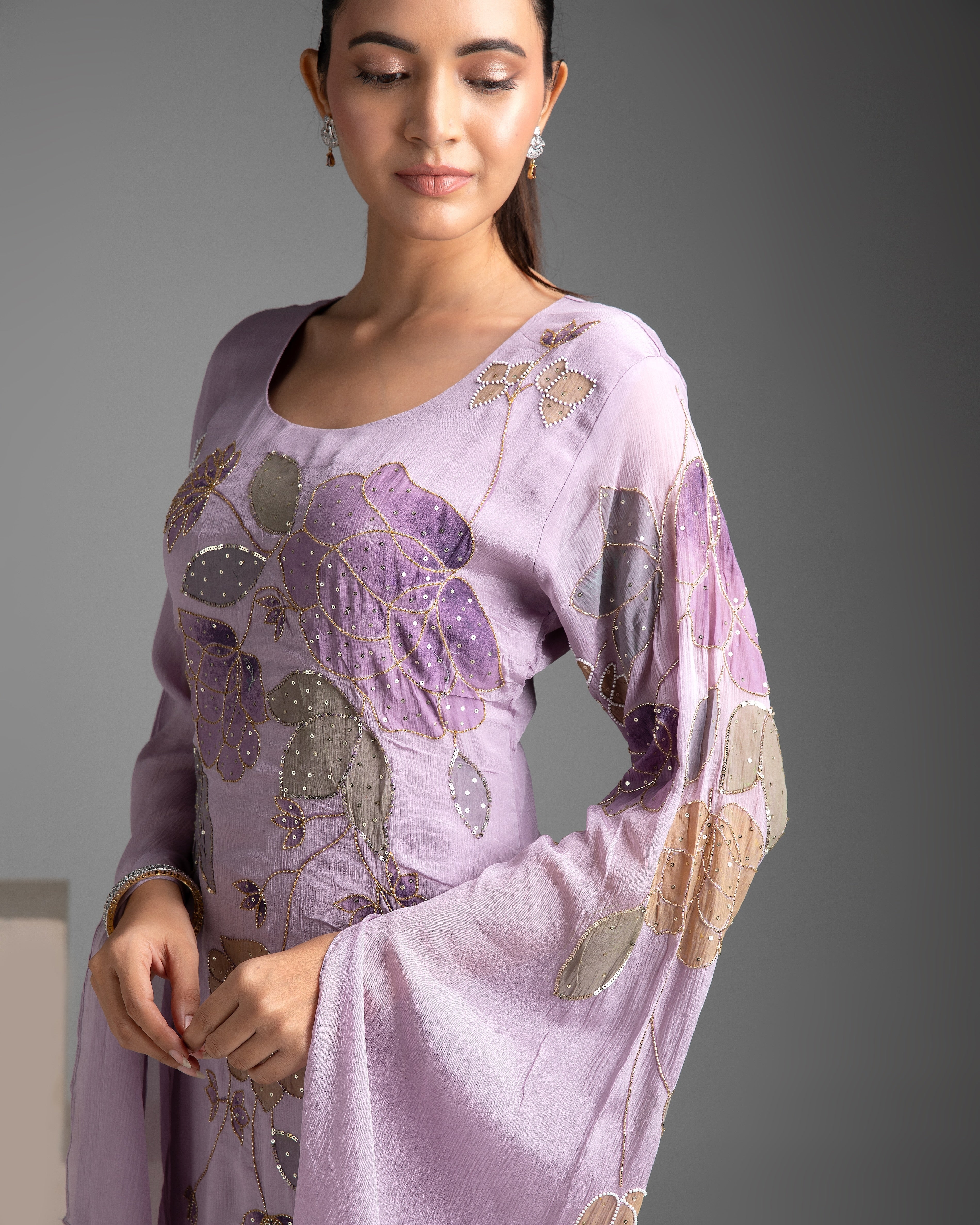 Lilac Chinon Kurta and Palazzo Set - Mokshaa