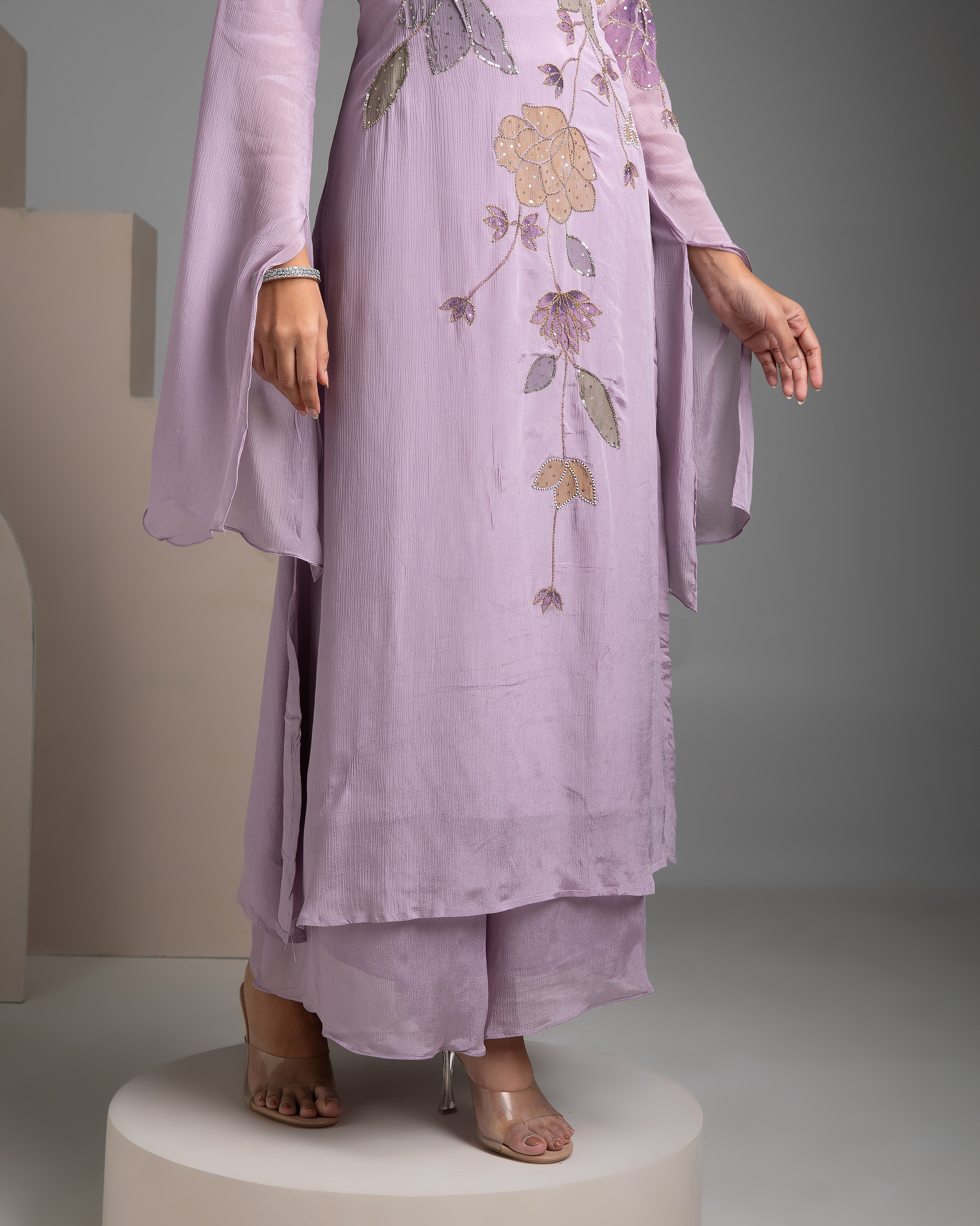 Lilac Chinon Kurta and Palazzo Set - Mokshaa