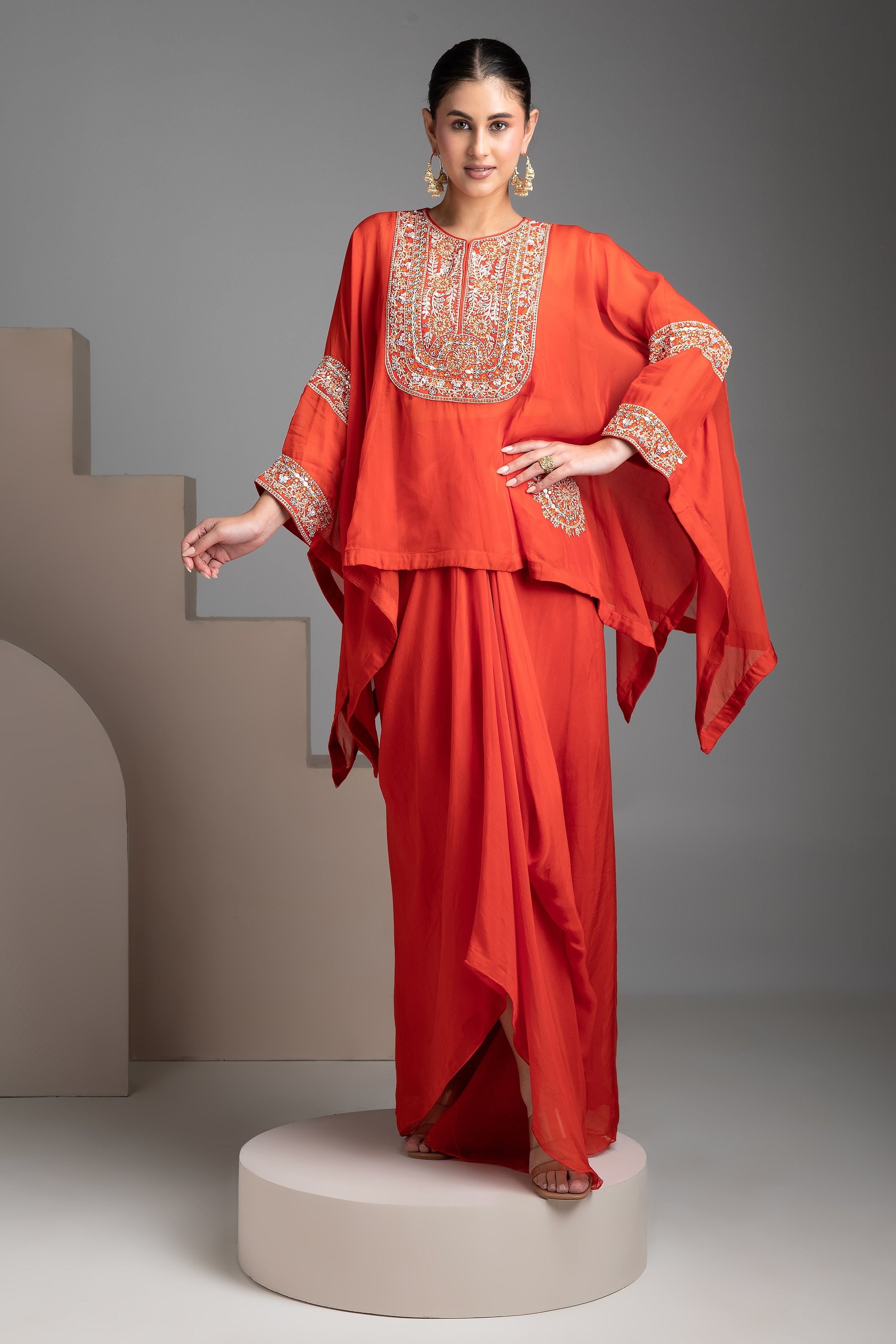 Orange Indo-Western Short Kaftan Set - Mokshaa