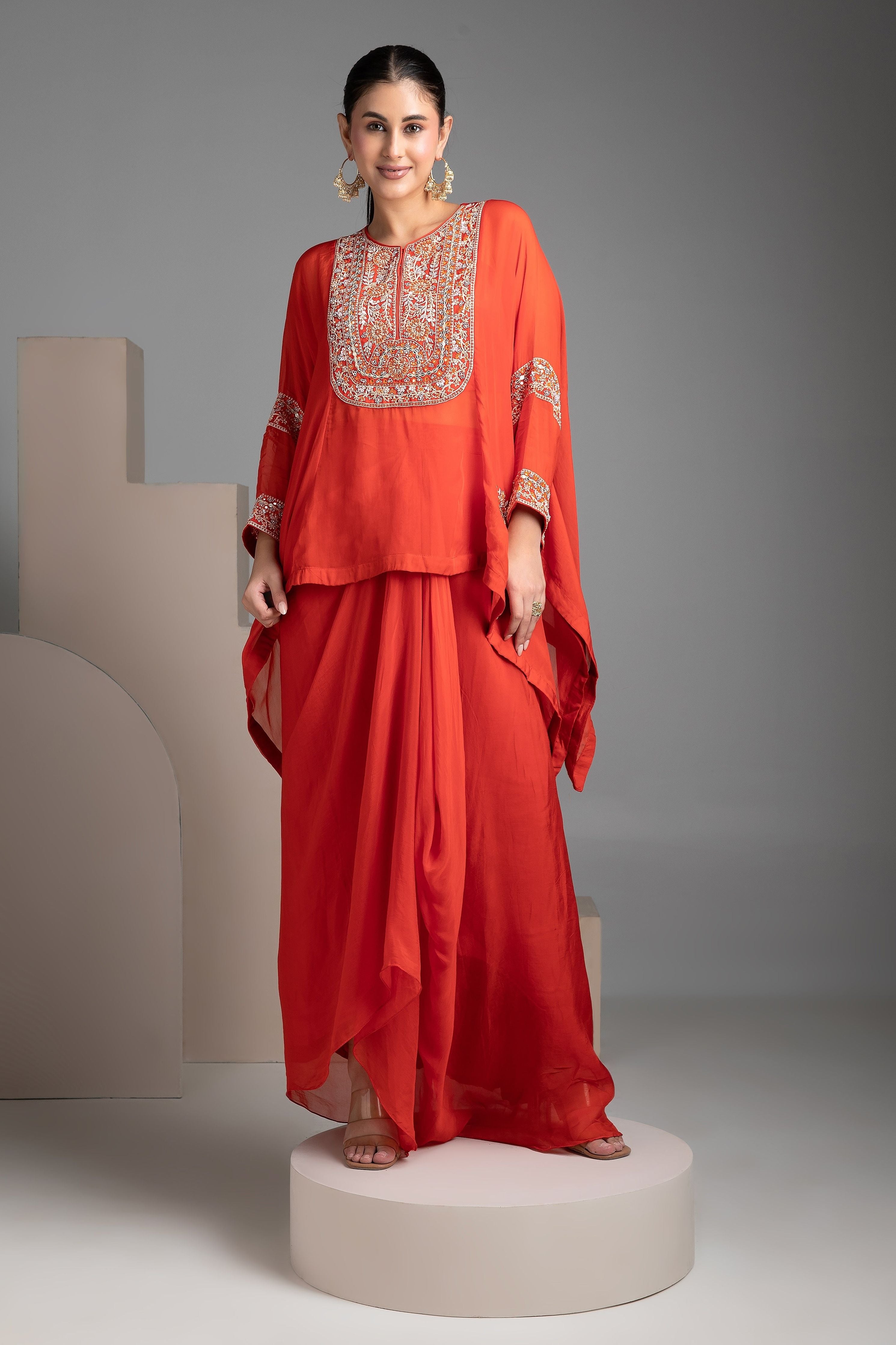 Orange Indo-Western Short Kaftan Set - Mokshaa