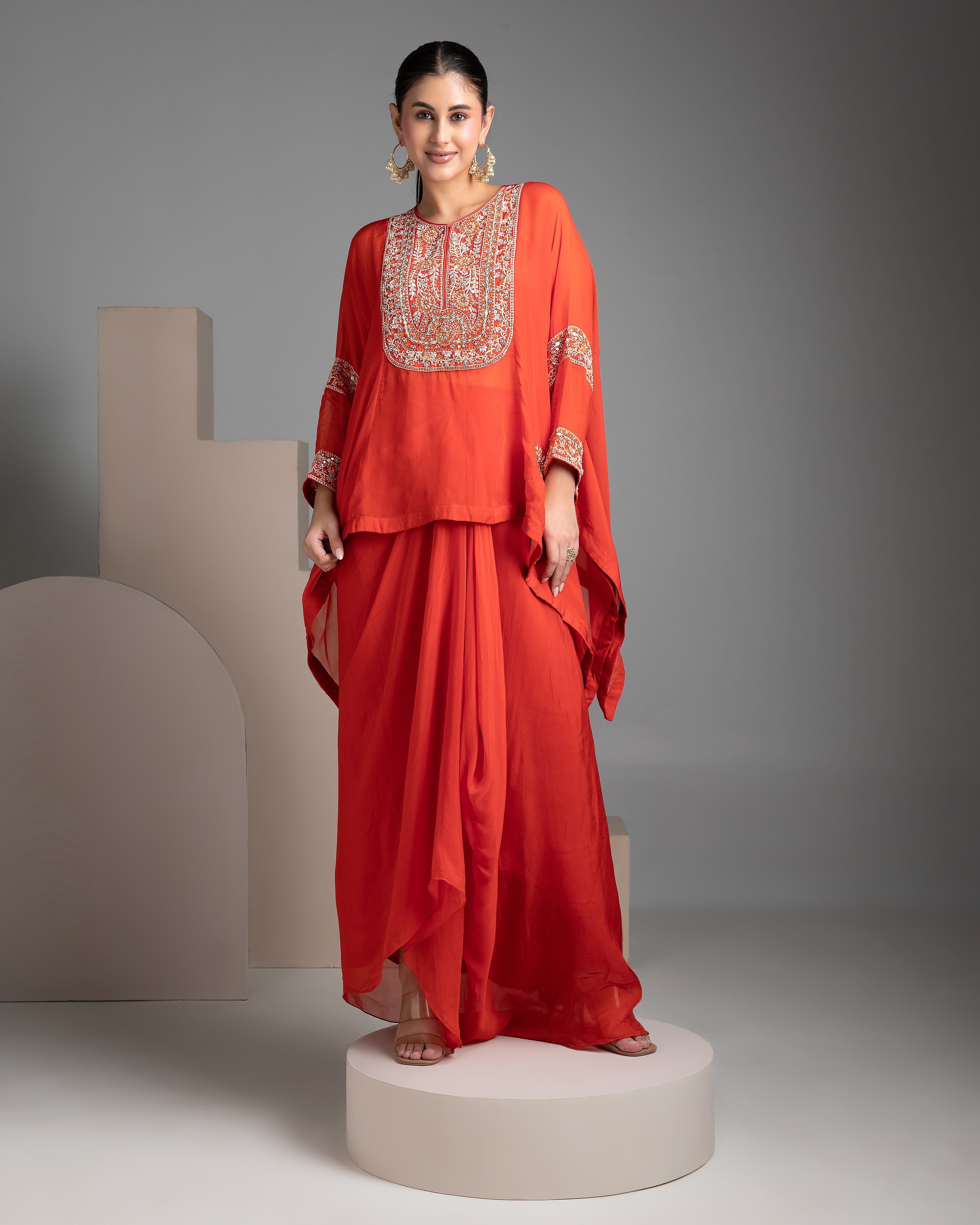 Orange Indo-Western Short Kaftan Set - Mokshaa