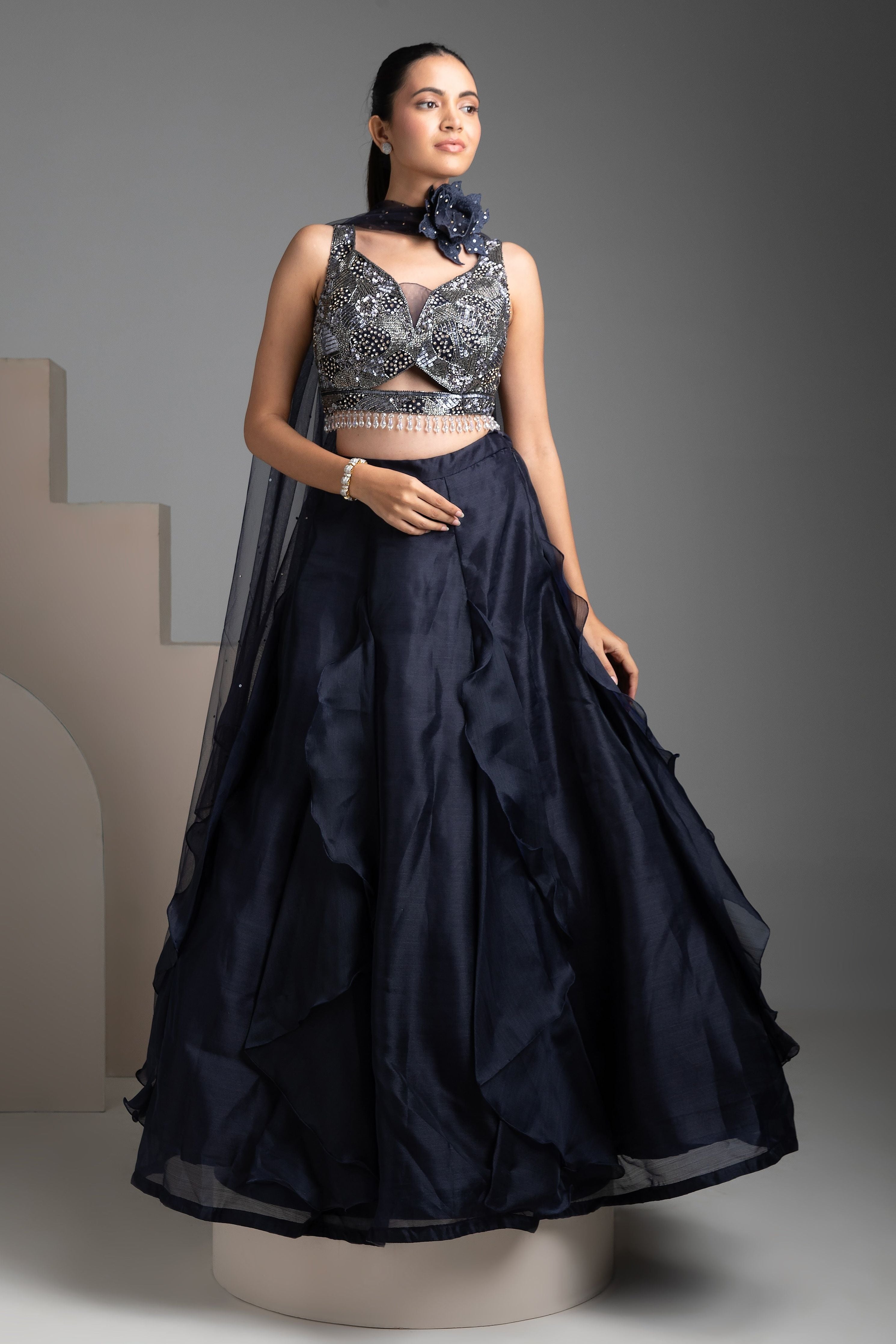 Navy Blue Organza Lehenga Set - Mokshaa