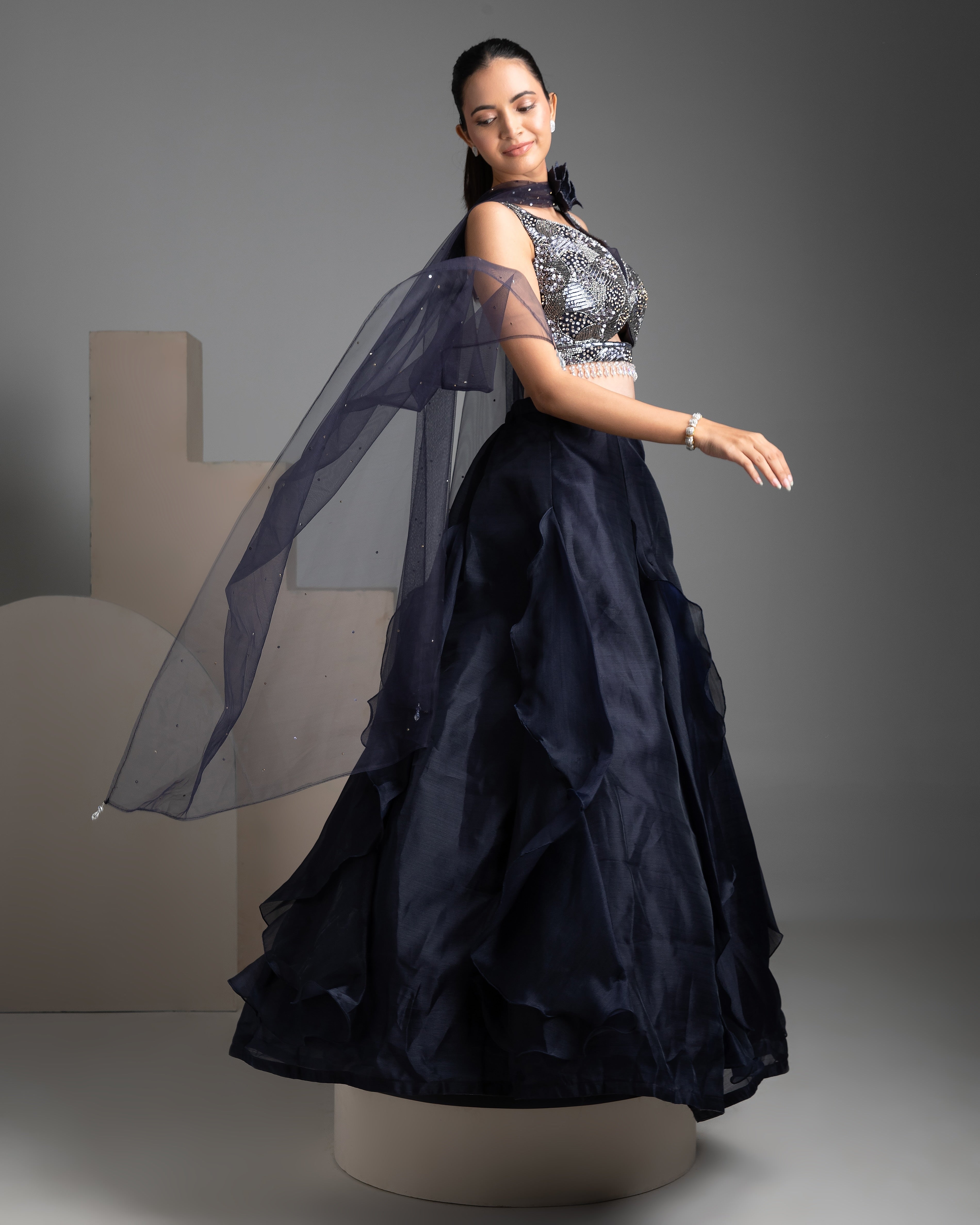 Navy Blue Organza Lehenga Set - Mokshaa