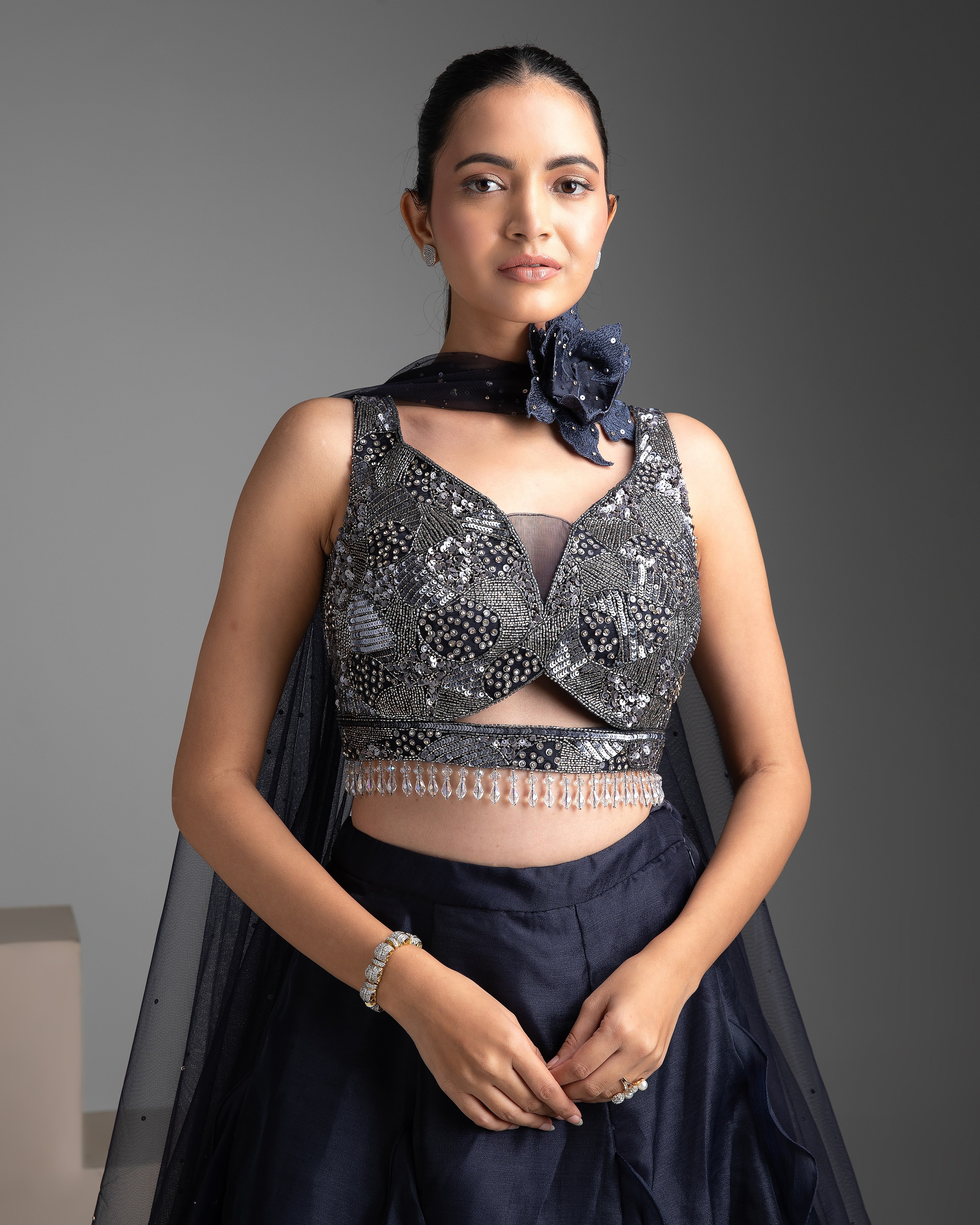 Navy Blue Organza Lehenga Set - Mokshaa