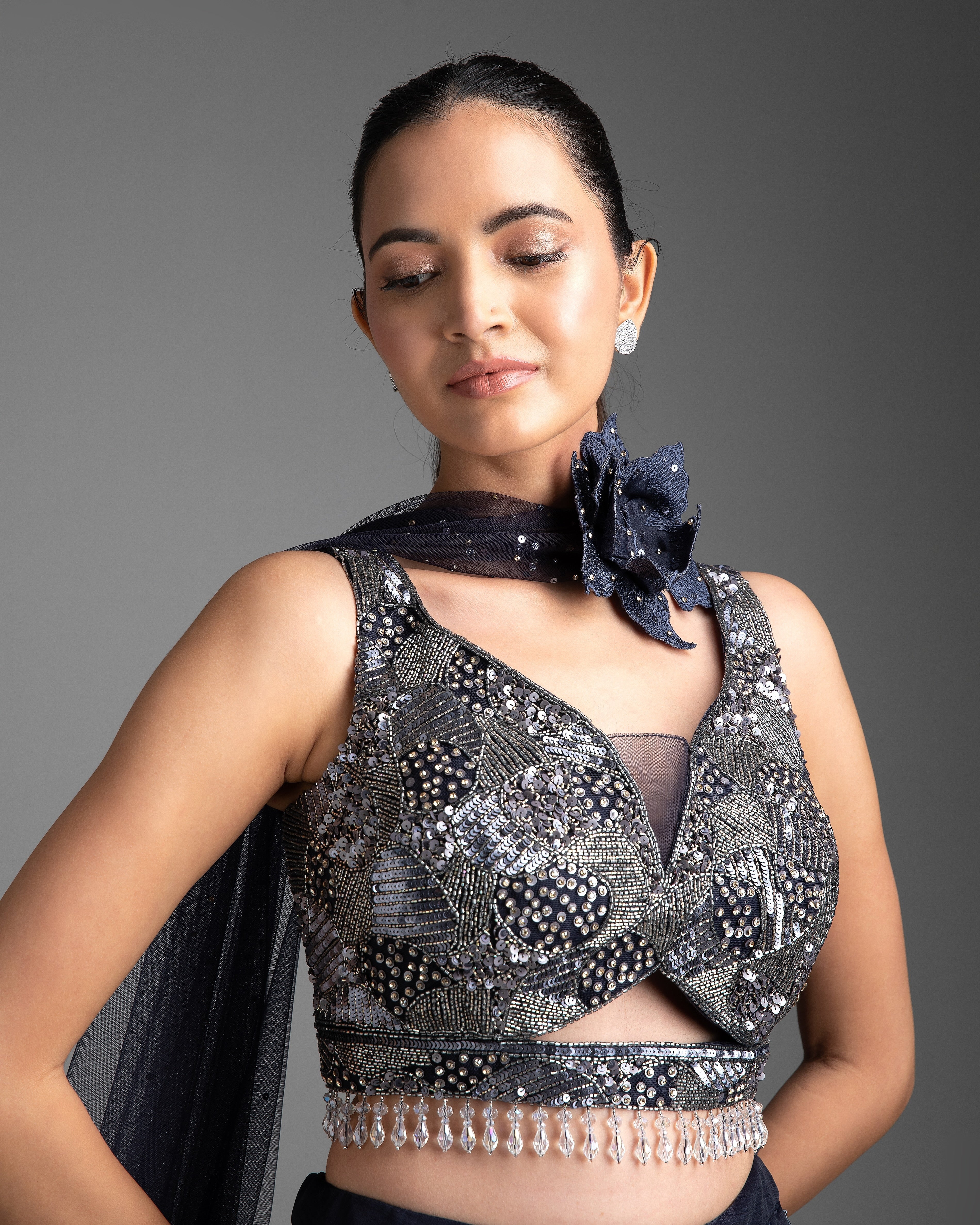 Navy Blue Organza Lehenga Set - Mokshaa