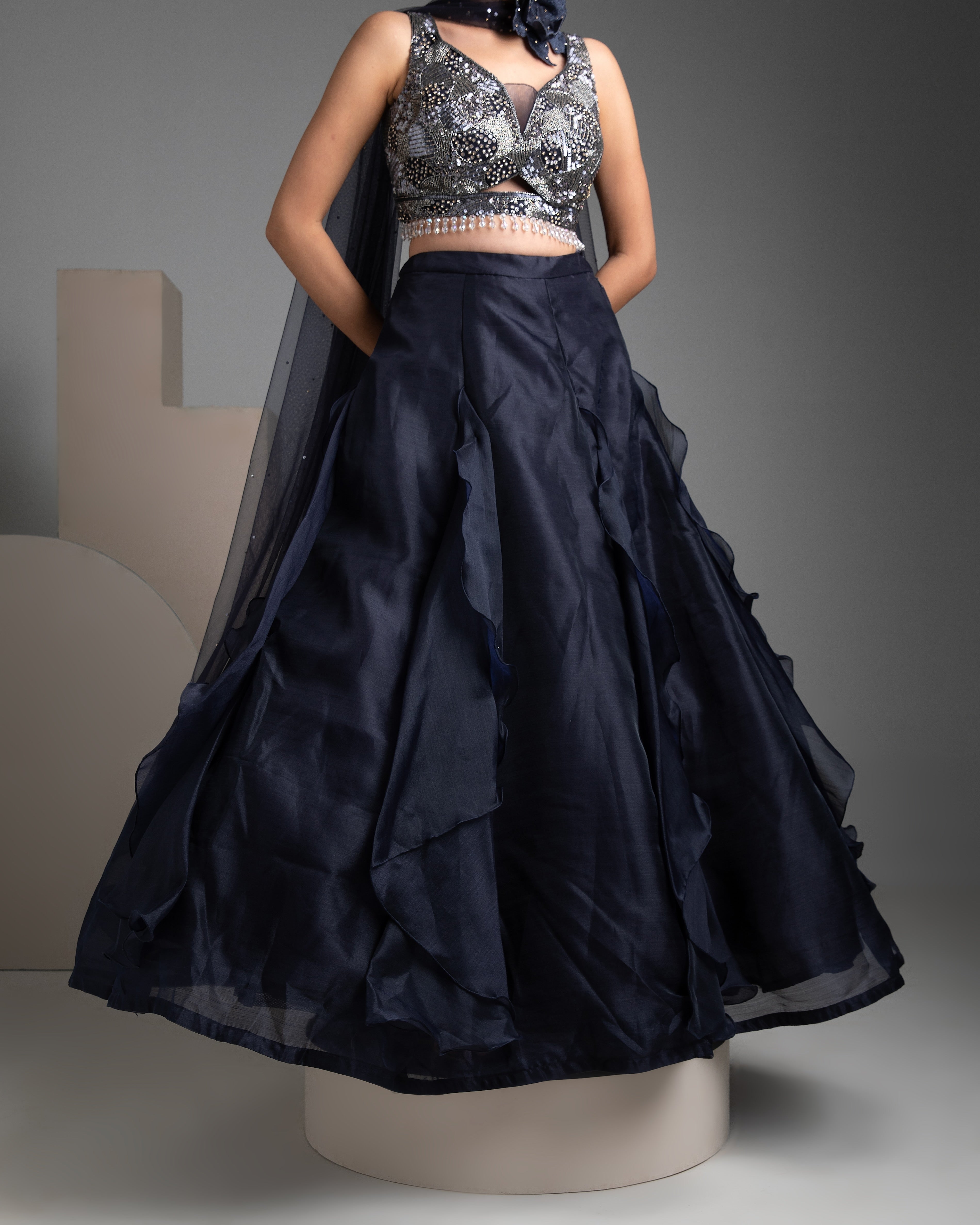 Navy Blue Organza Lehenga Set - Mokshaa