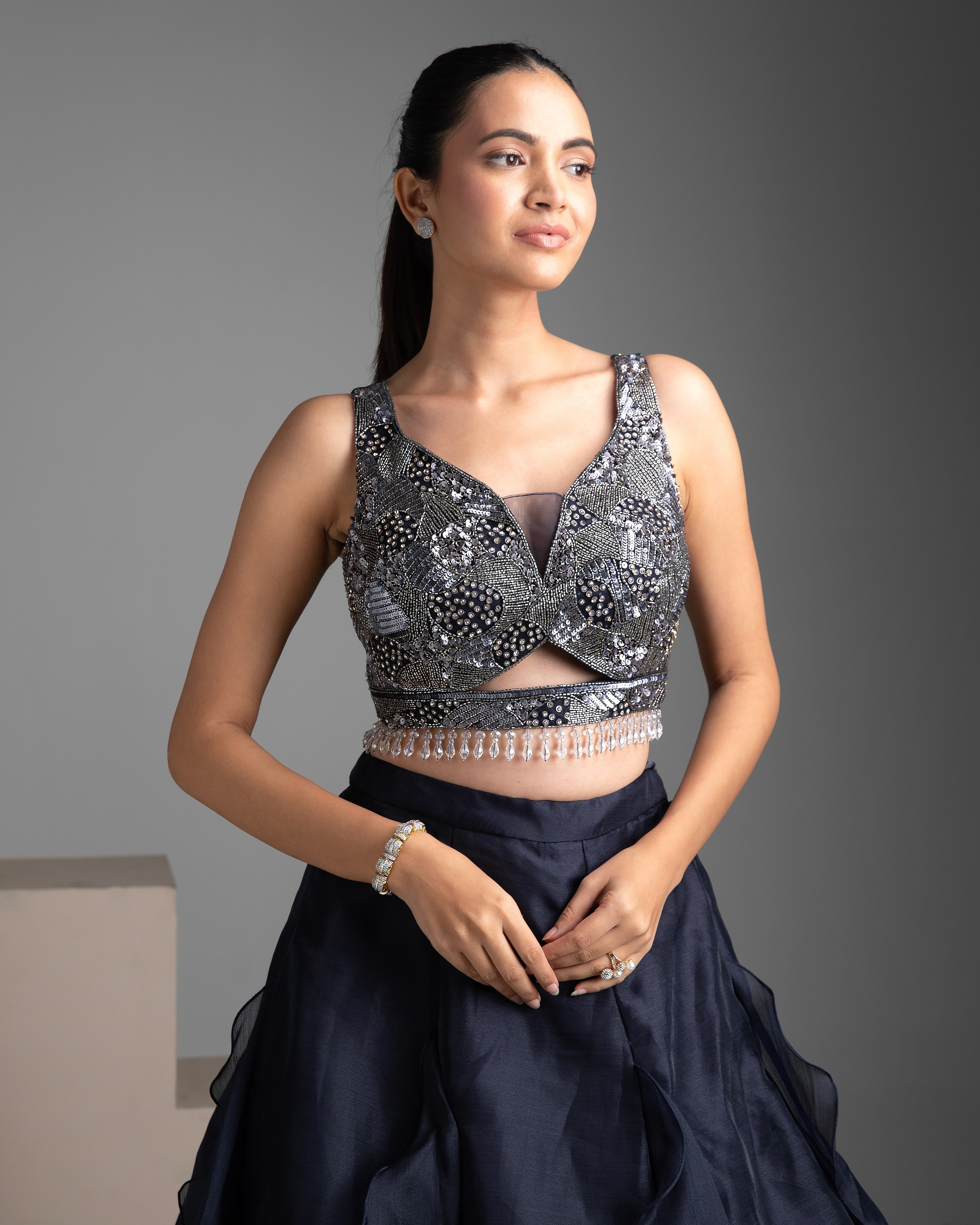 Navy Blue Organza Lehenga Set - Mokshaa