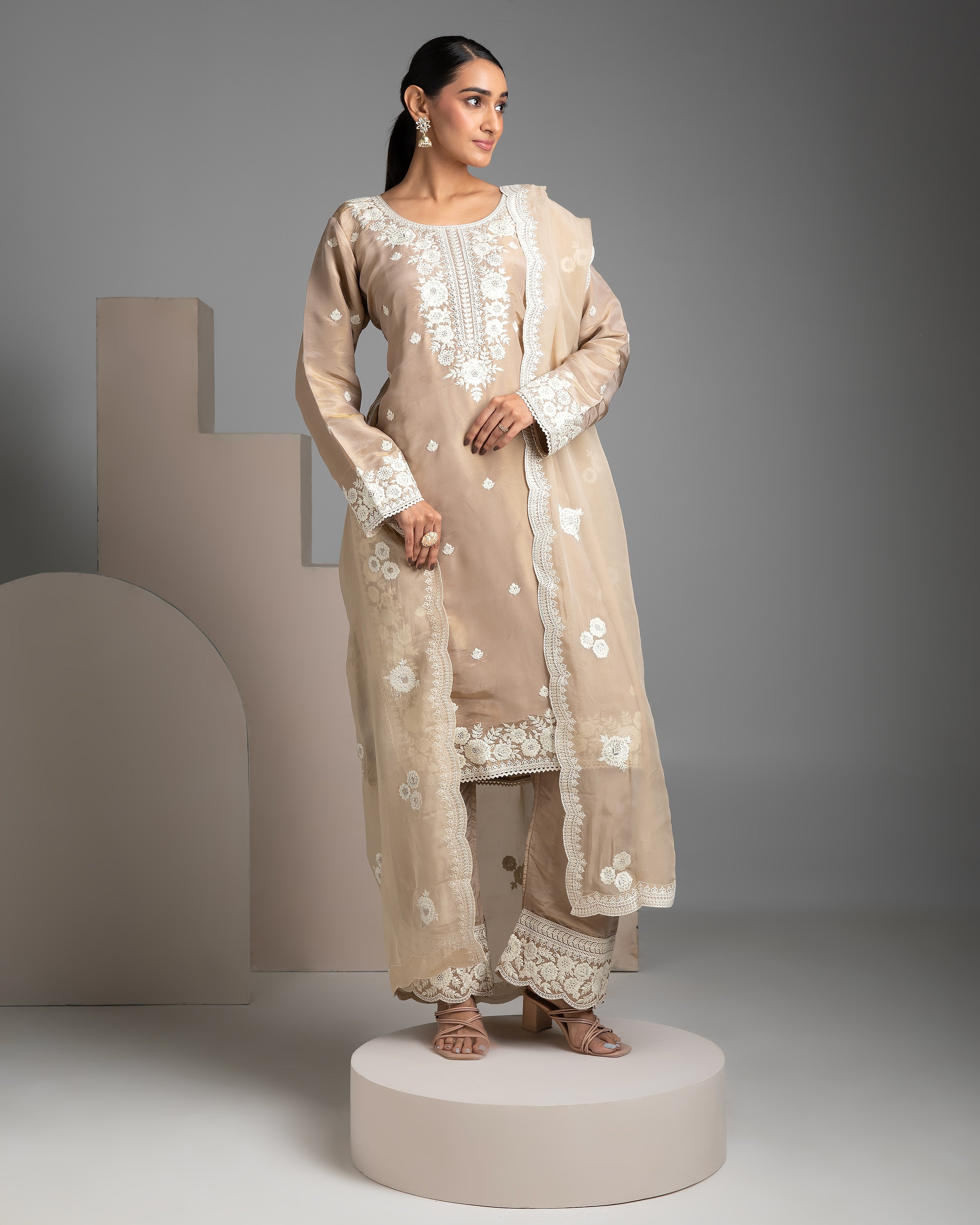 Beige Tissue Salwar Set - Mokshaa