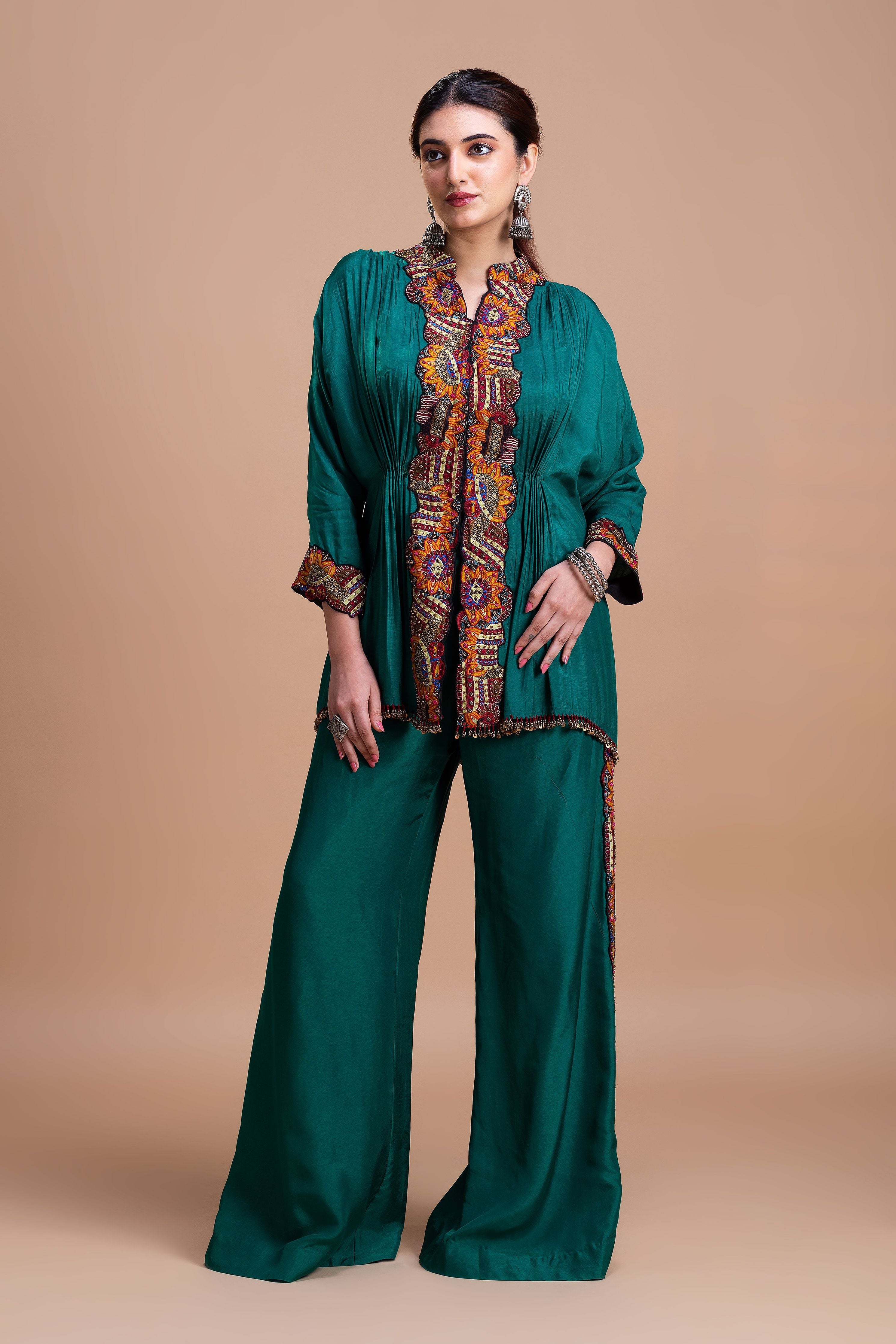 Emerald Green Embroidered Silk Co-Ord Set  Mokshaa