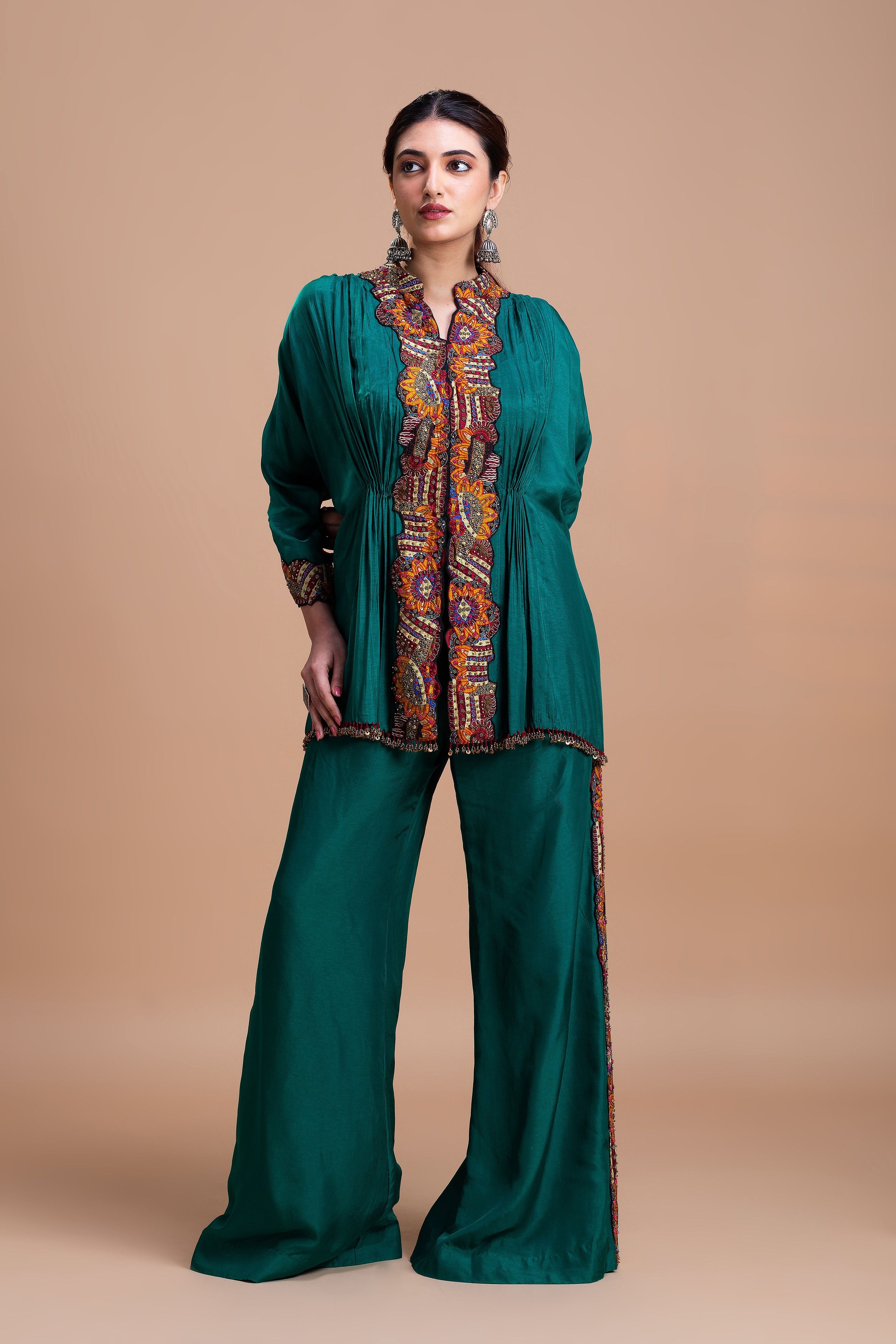 Emerald Green Embroidered Silk Co-Ord Set  Mokshaa