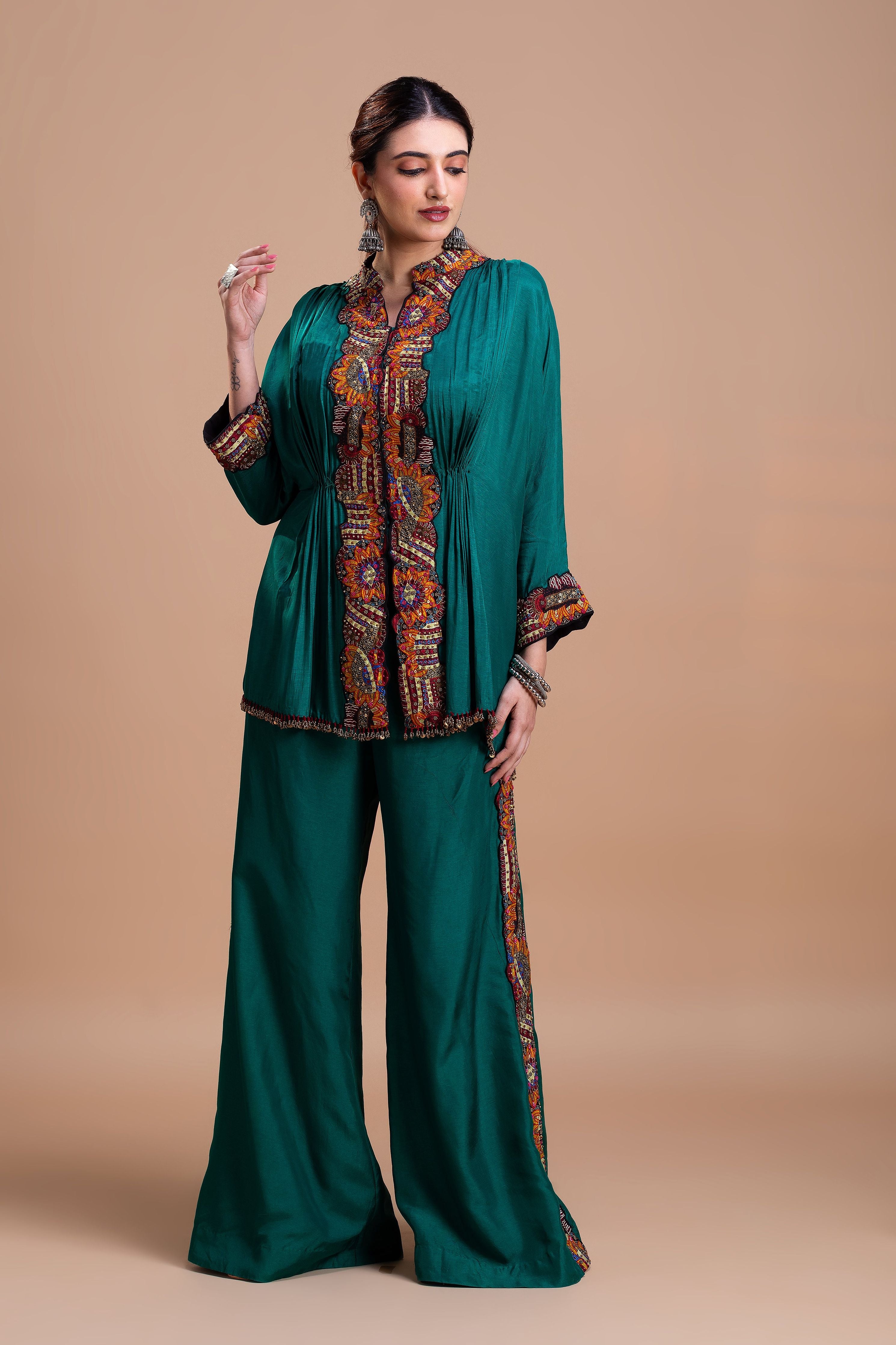 Emerald Green Embroidered Silk Co-Ord Set  Mokshaa