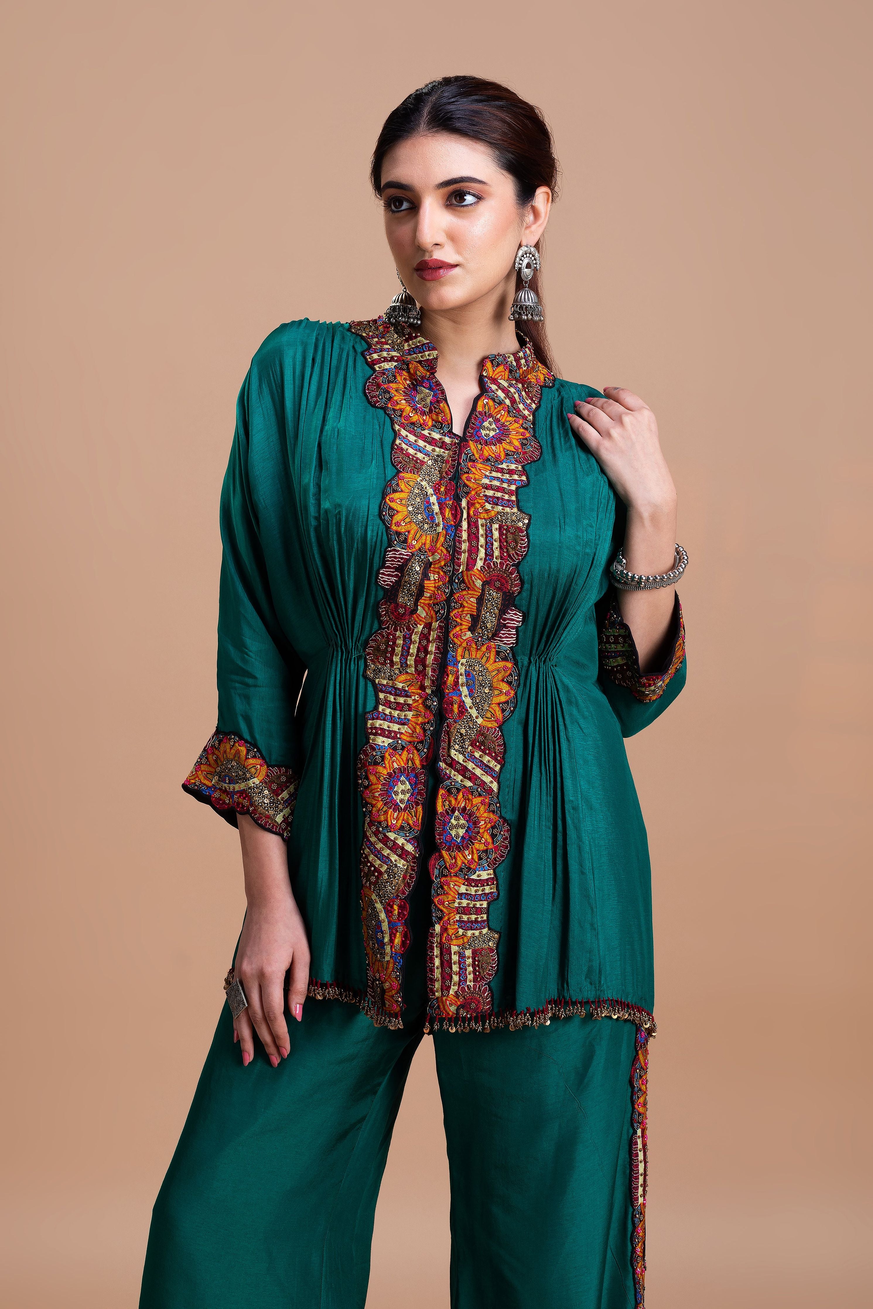 Emerald Green Embroidered Silk Co-Ord Set  Mokshaa