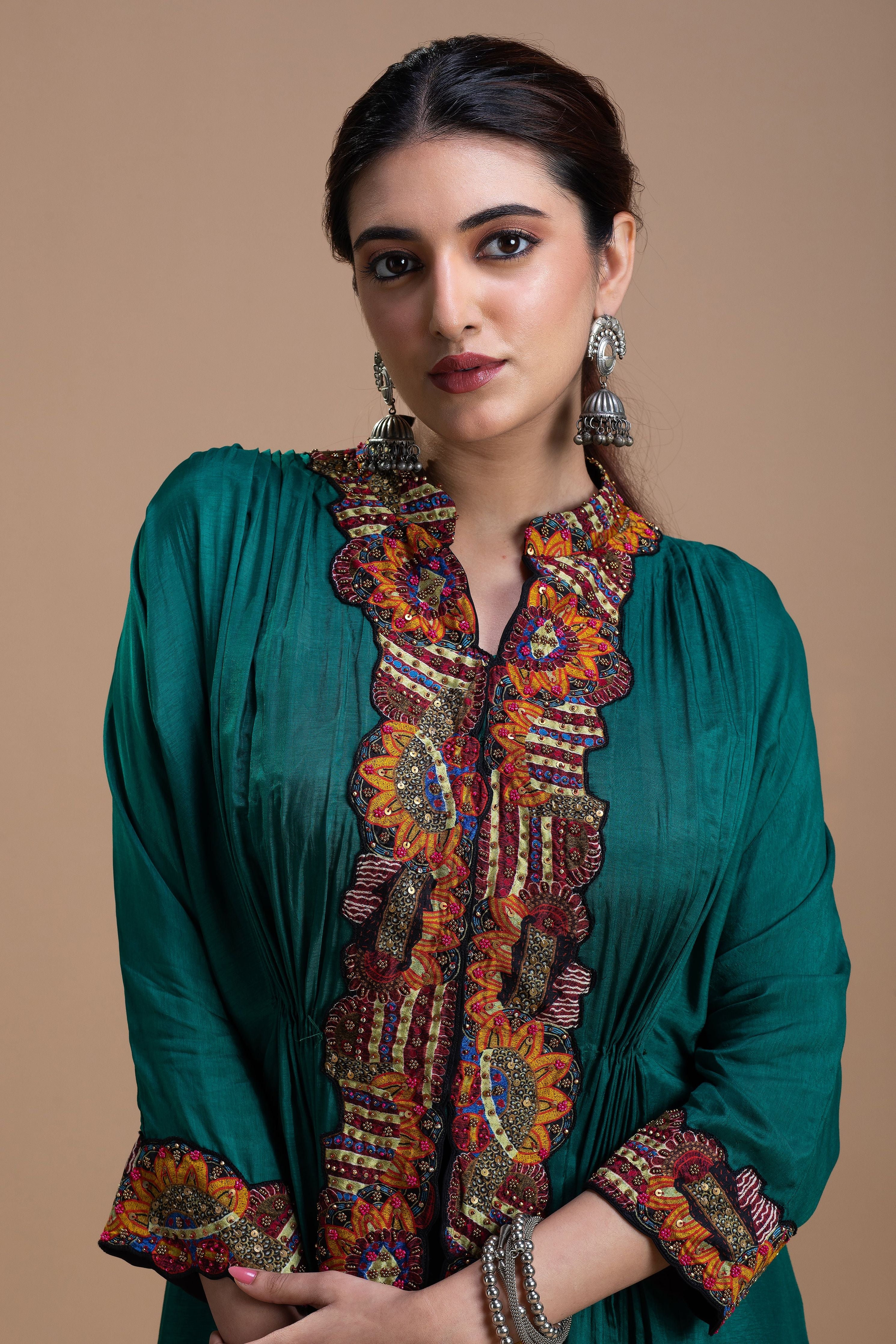 Emerald Green Embroidered Silk Co-Ord Set  Mokshaa