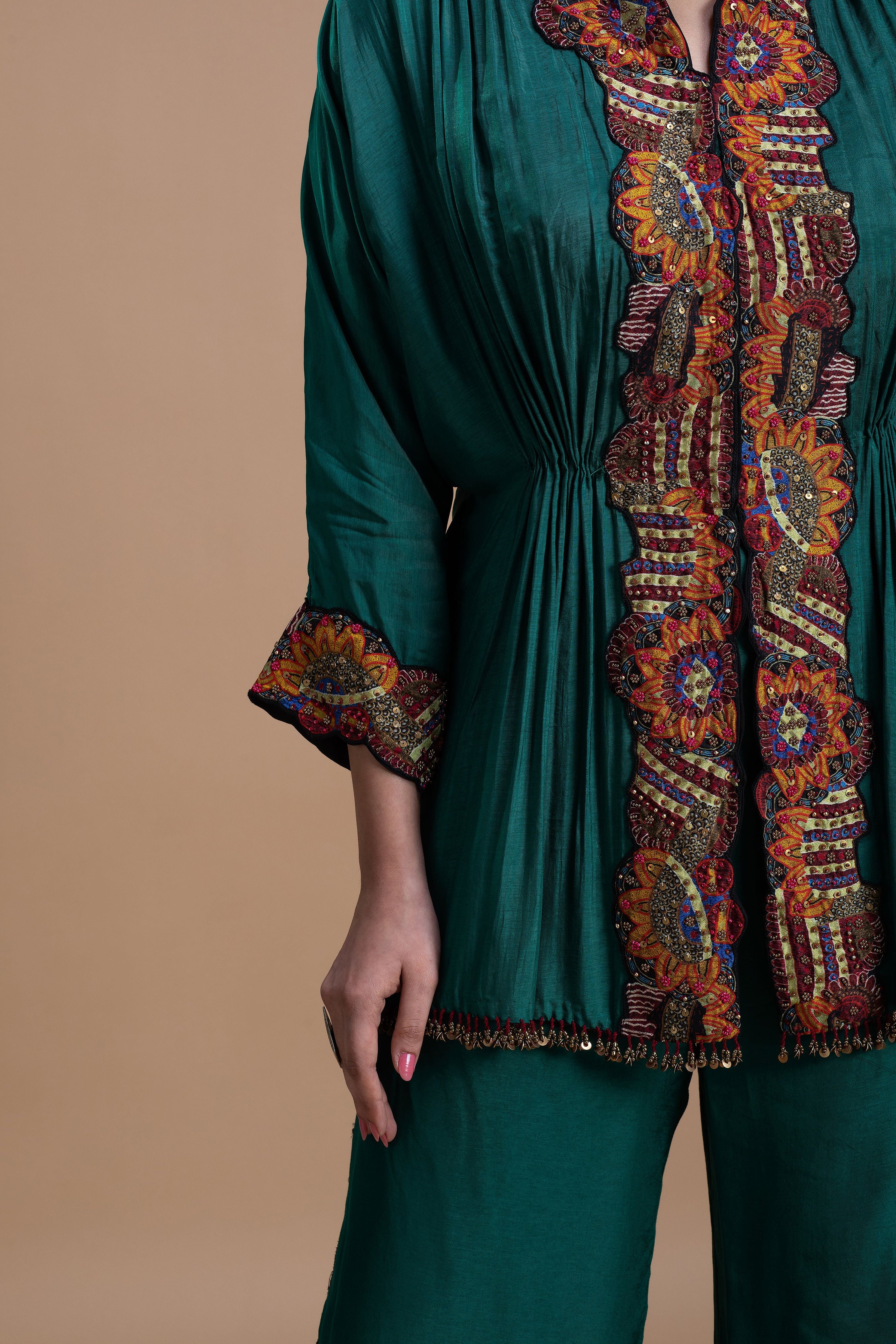 Emerald Green Embroidered Silk Co-Ord Set  Mokshaa