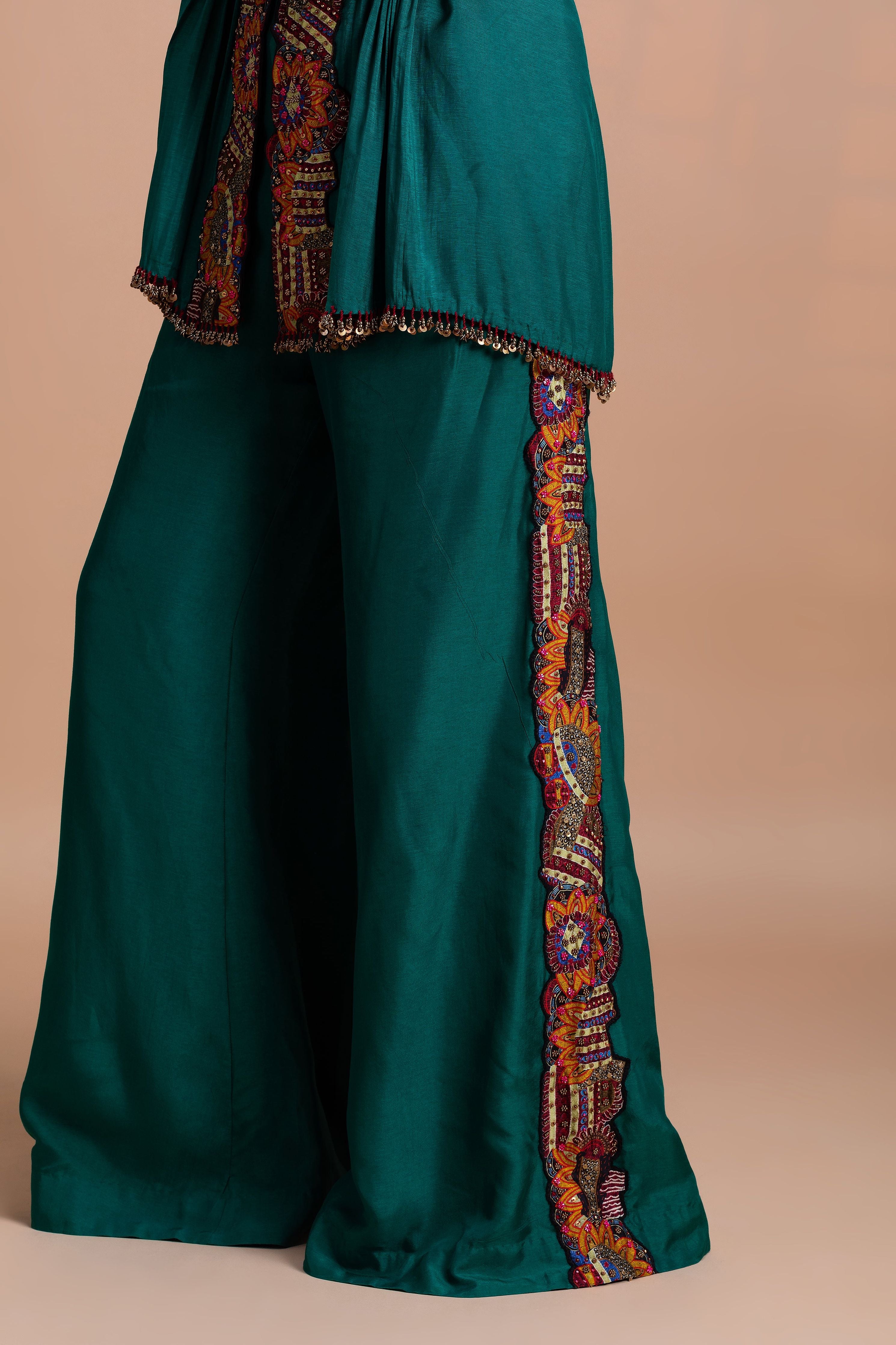 Emerald Green Embroidered Silk Co-Ord Set  Mokshaa