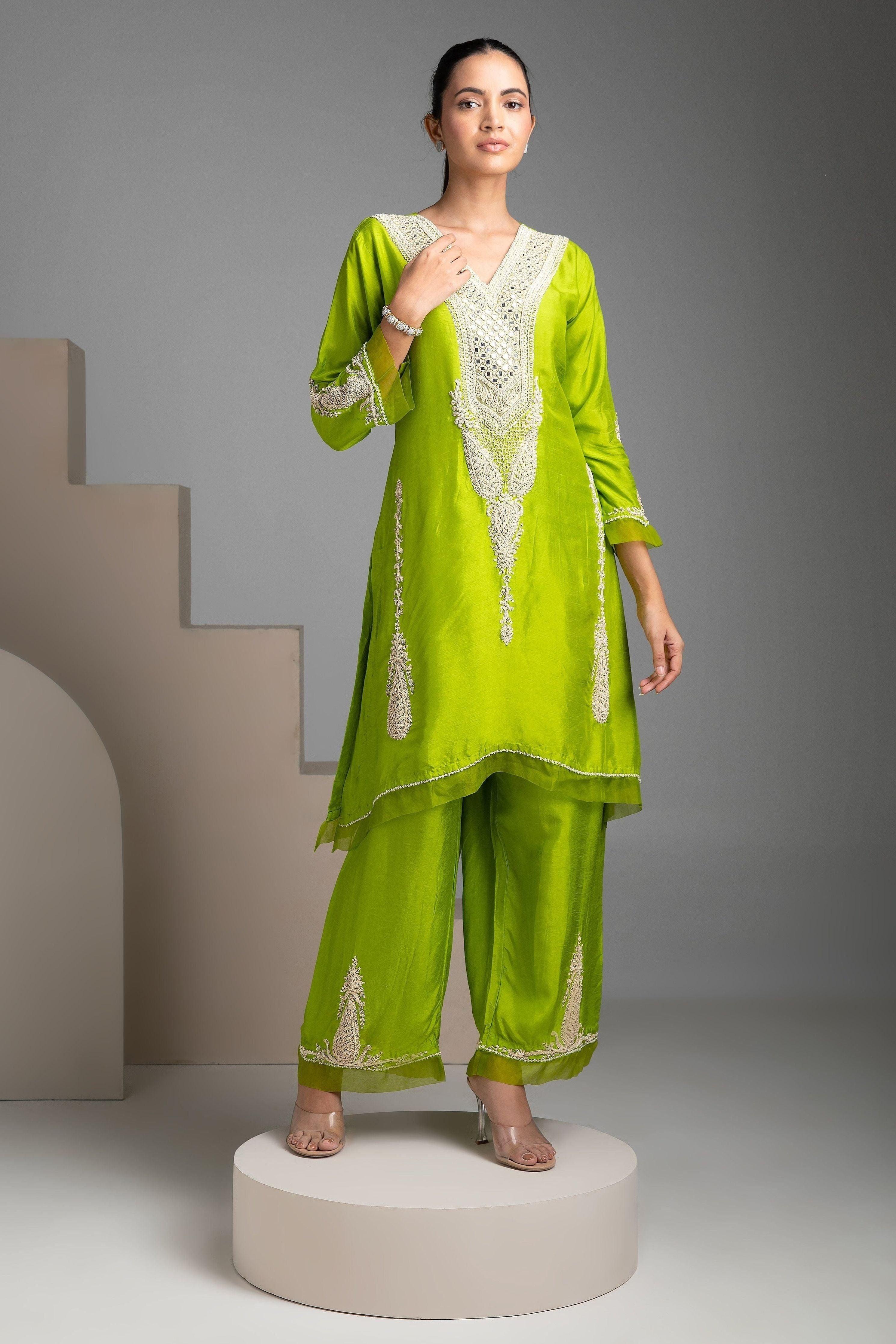 green emerald velvet dress Parrot Green Silk Knee-Length Kurta main image 1