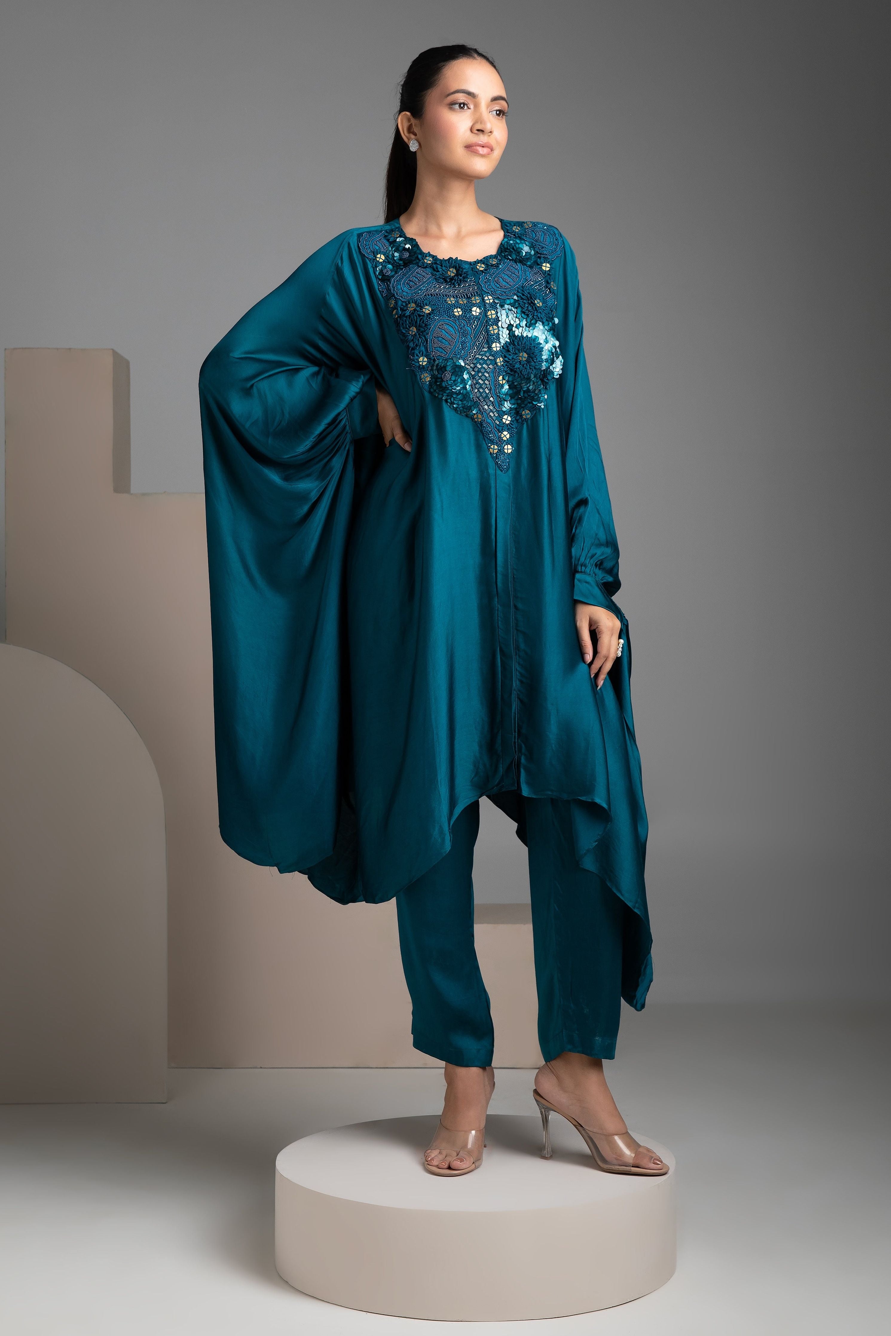 Electric Blue Satin Kaftan and Pant Fusion Set - Mokshaa