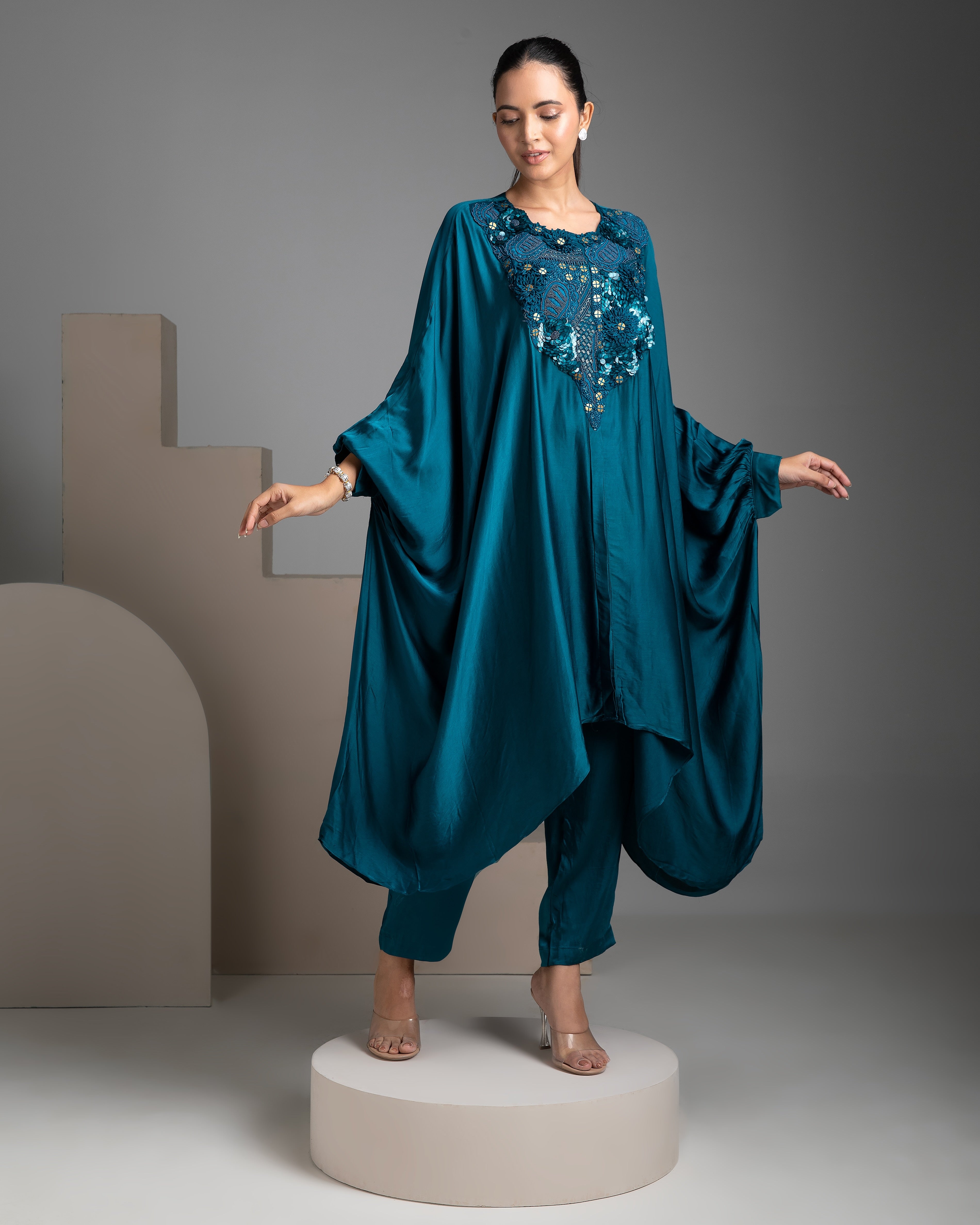 Electric Blue Satin Kaftan and Pant Fusion Set - Mokshaa