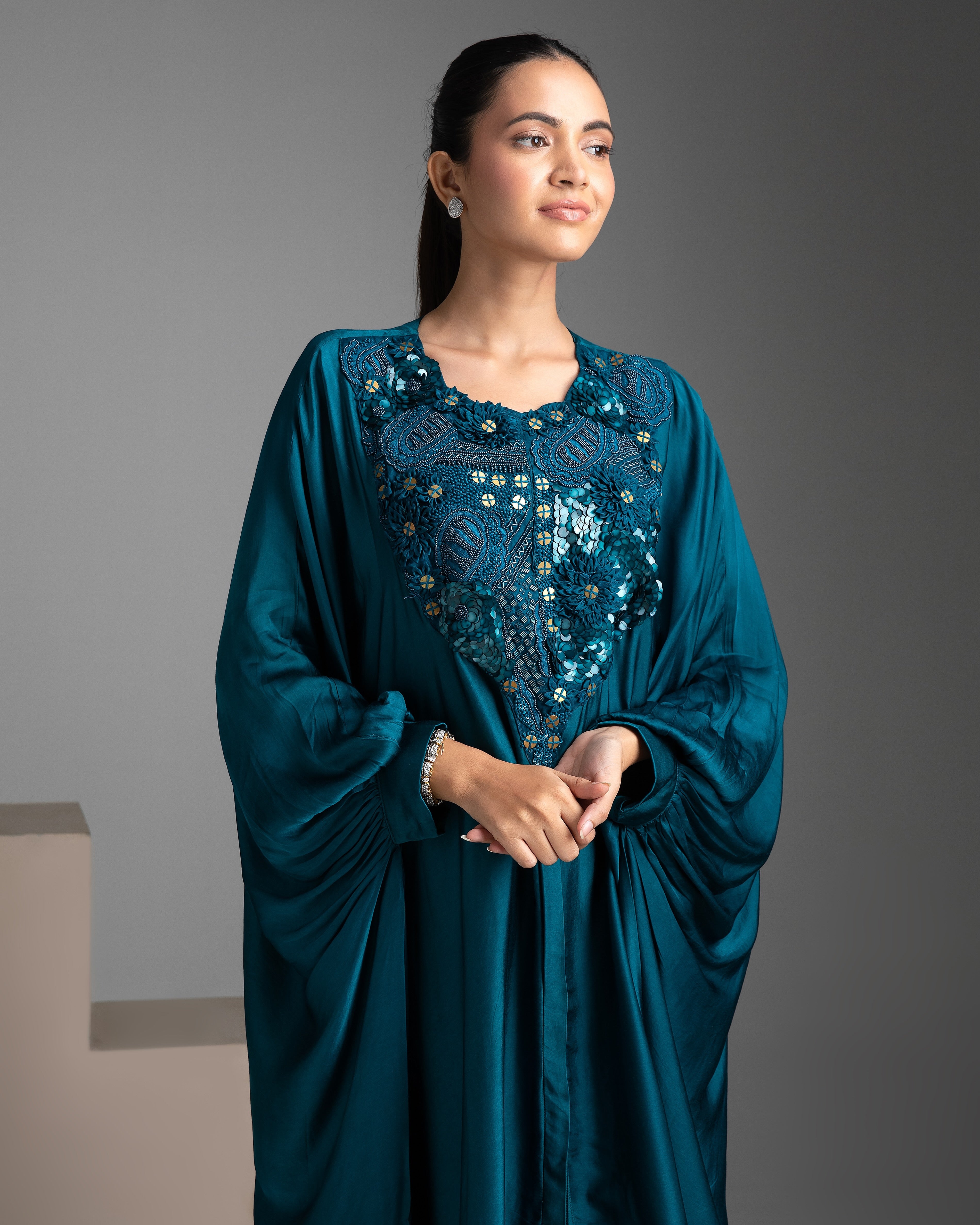 Electric Blue Satin Kaftan and Pant Fusion Set - Mokshaa