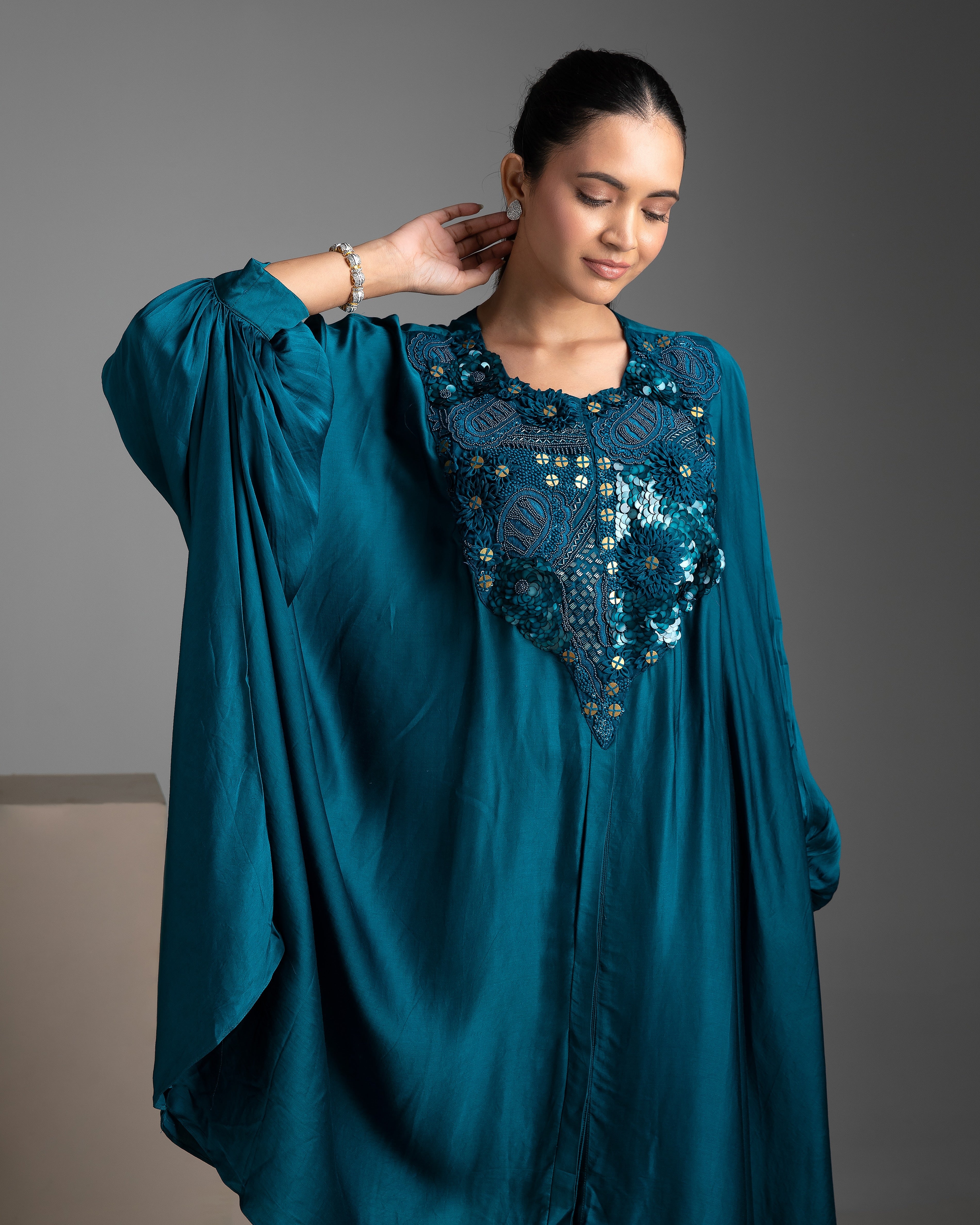 Electric Blue Satin Kaftan and Pant Fusion Set - Mokshaa