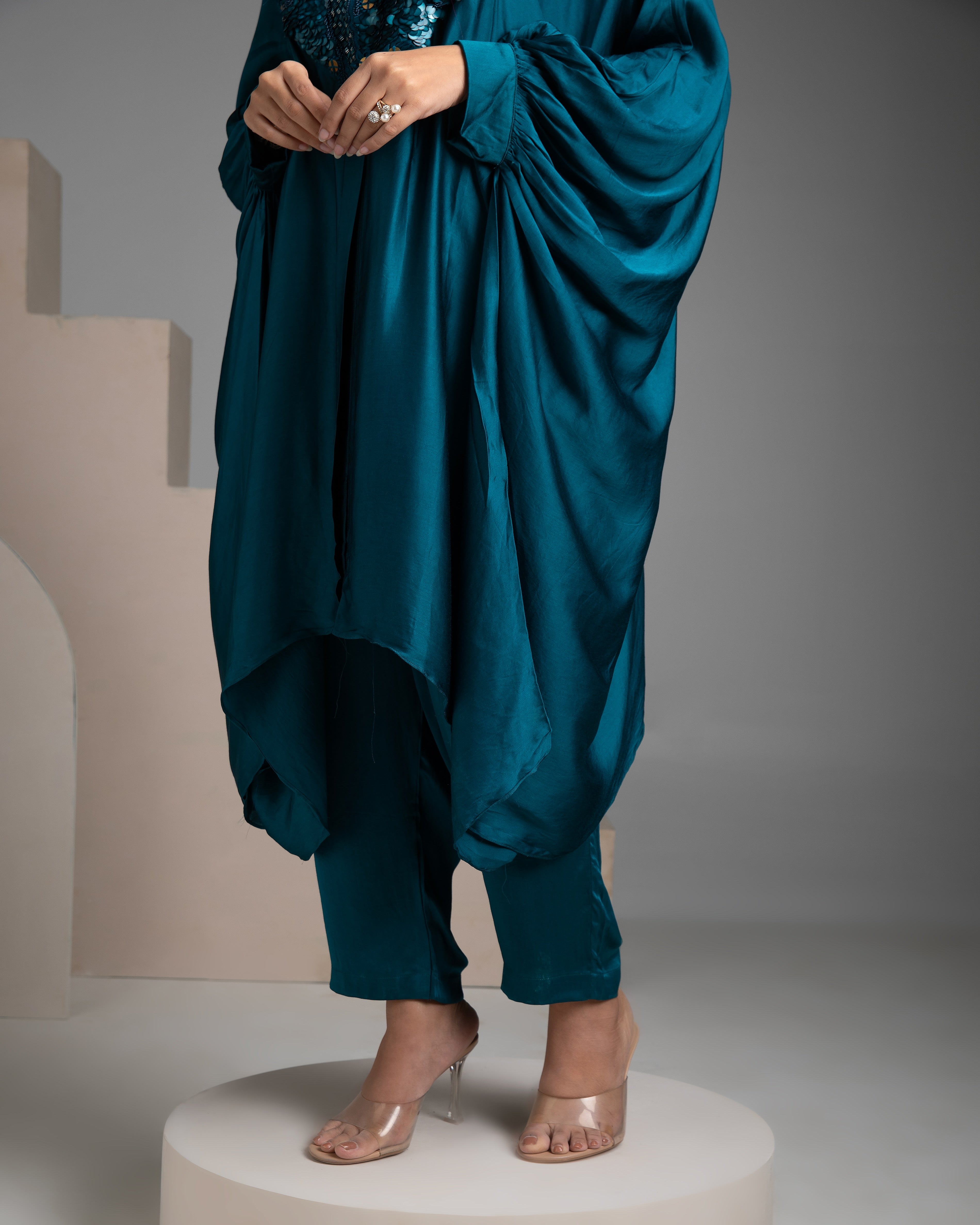 Electric Blue Satin Kaftan and Pant Fusion Set - Mokshaa