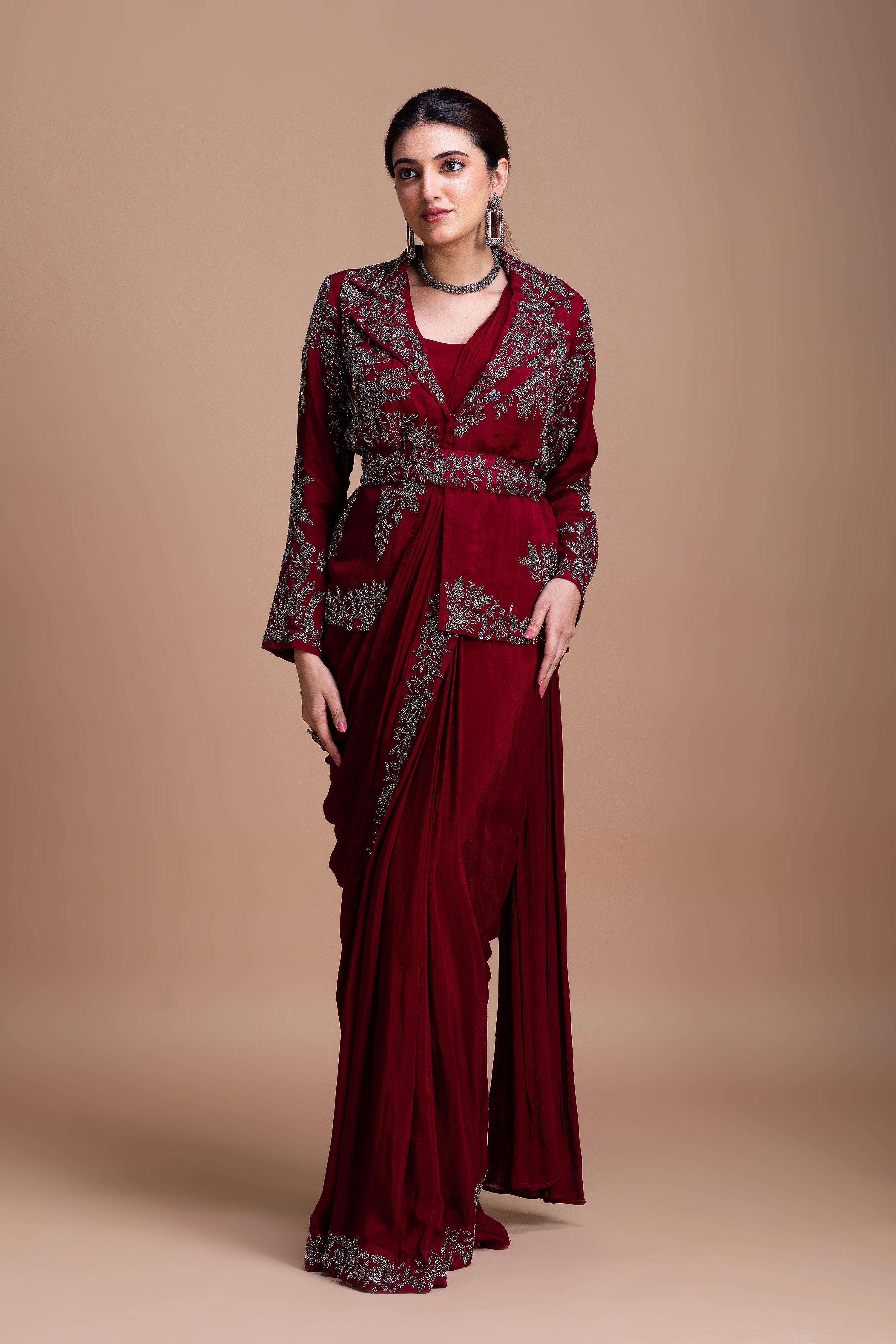 Wine Red Embroidered Blazer-Style Saree Set  Mokshaa