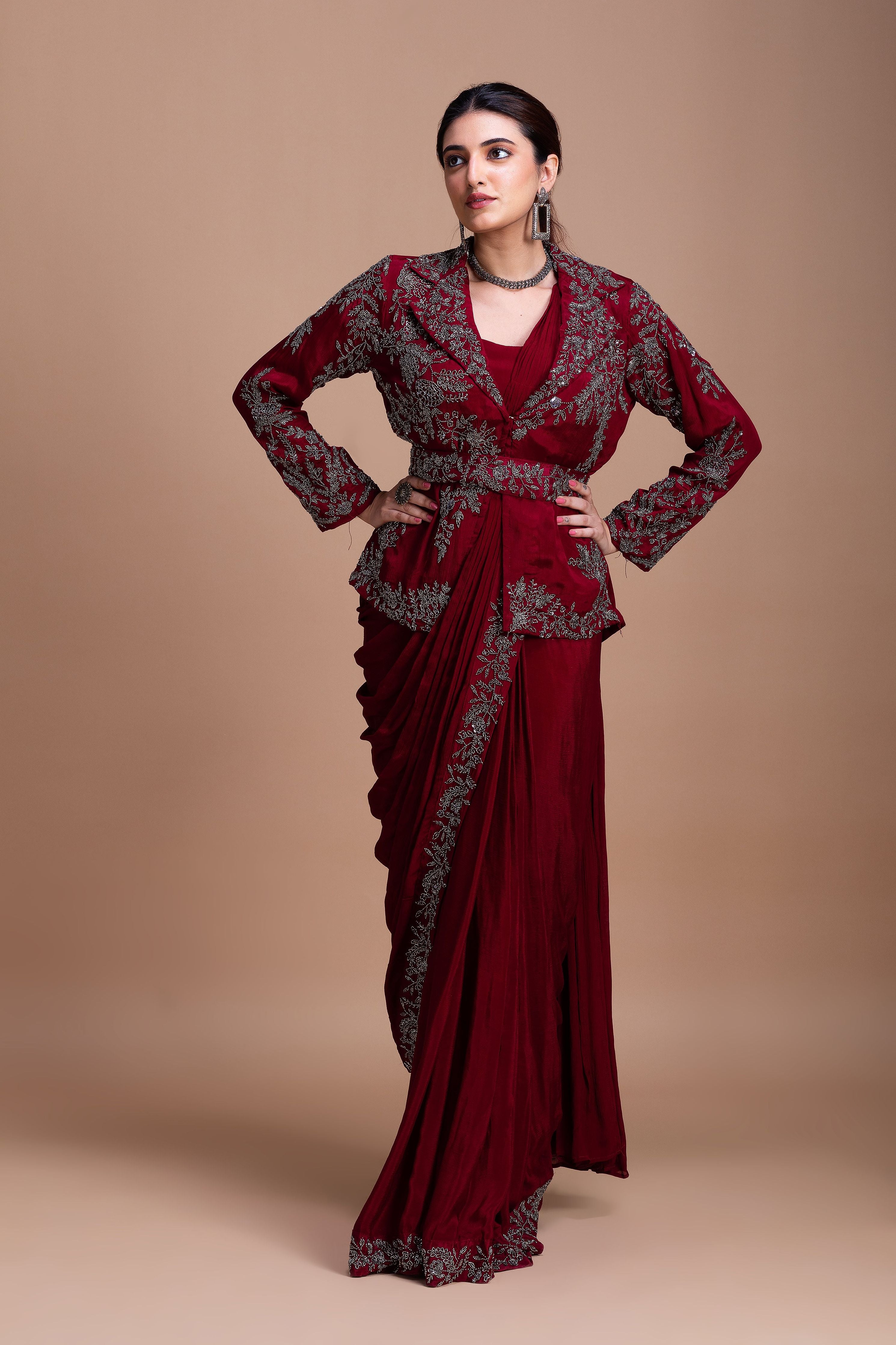 Wine Red Embroidered Blazer-Style Saree Set  Mokshaa