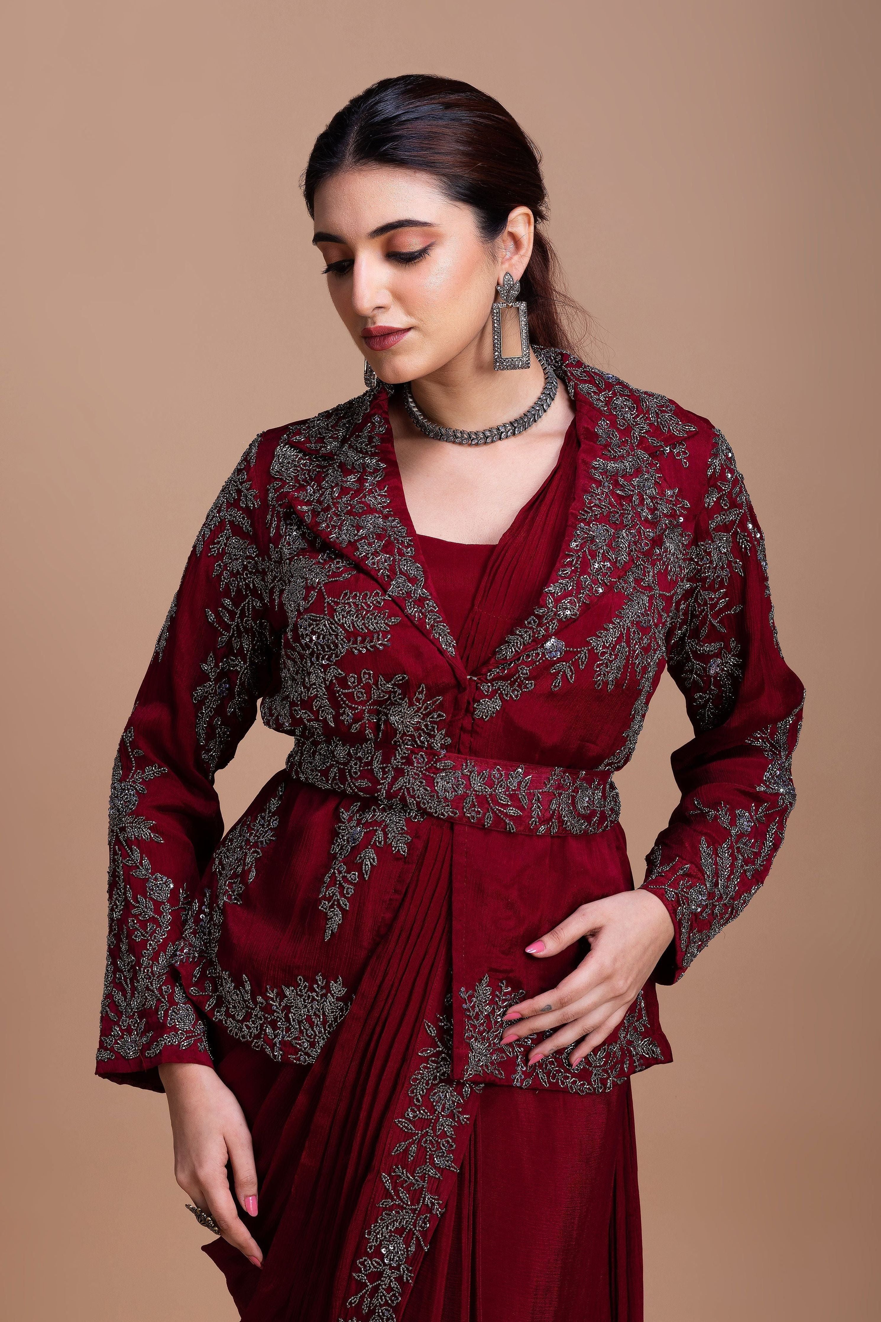 Wine Red Embroidered Blazer-Style Saree Set  Mokshaa