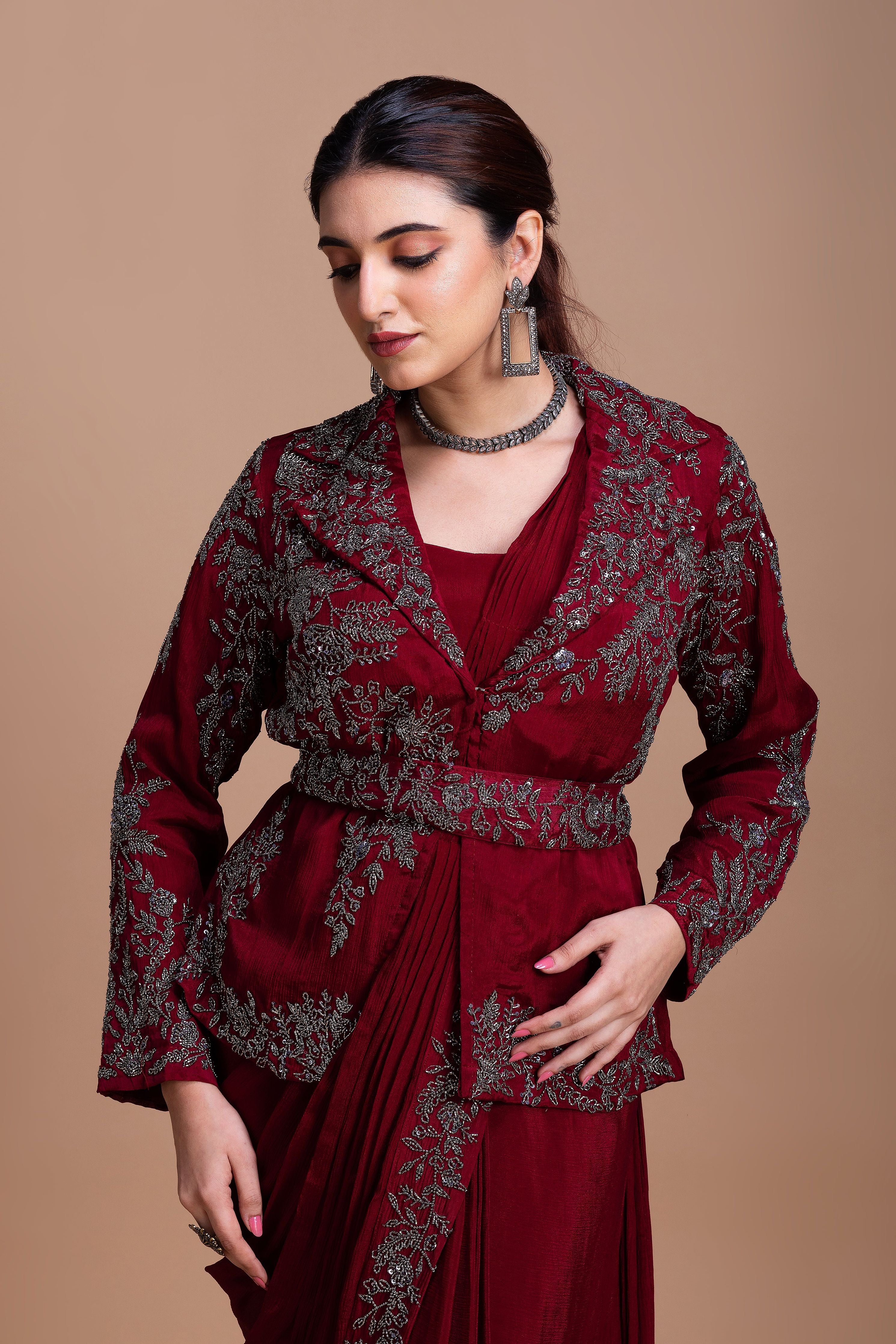 Wine Red Embroidered Blazer-Style Saree Set  Mokshaa