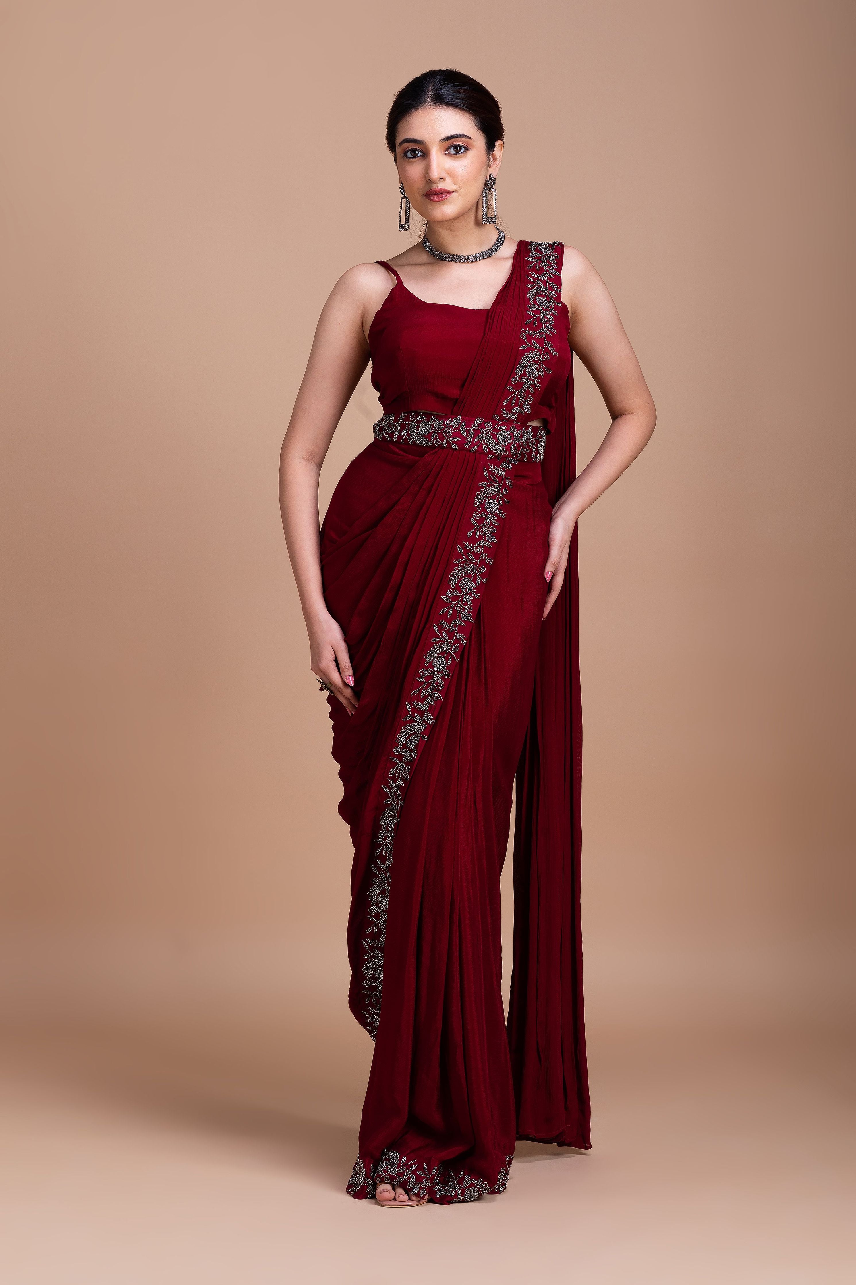 Wine Red Embroidered Blazer-Style Saree Set  Mokshaa