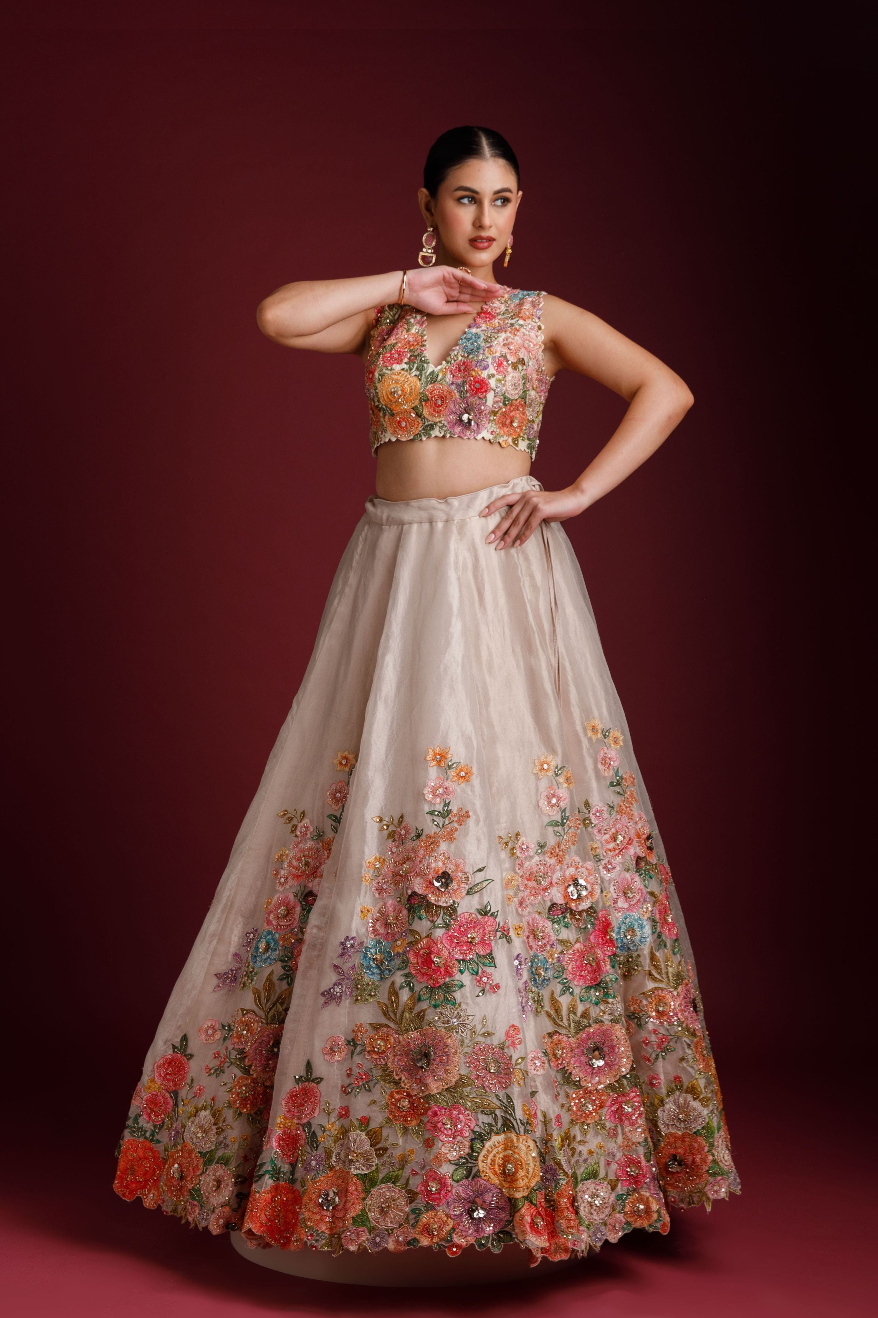 Ivory Tissue Organza Lehenga - Mokshaa