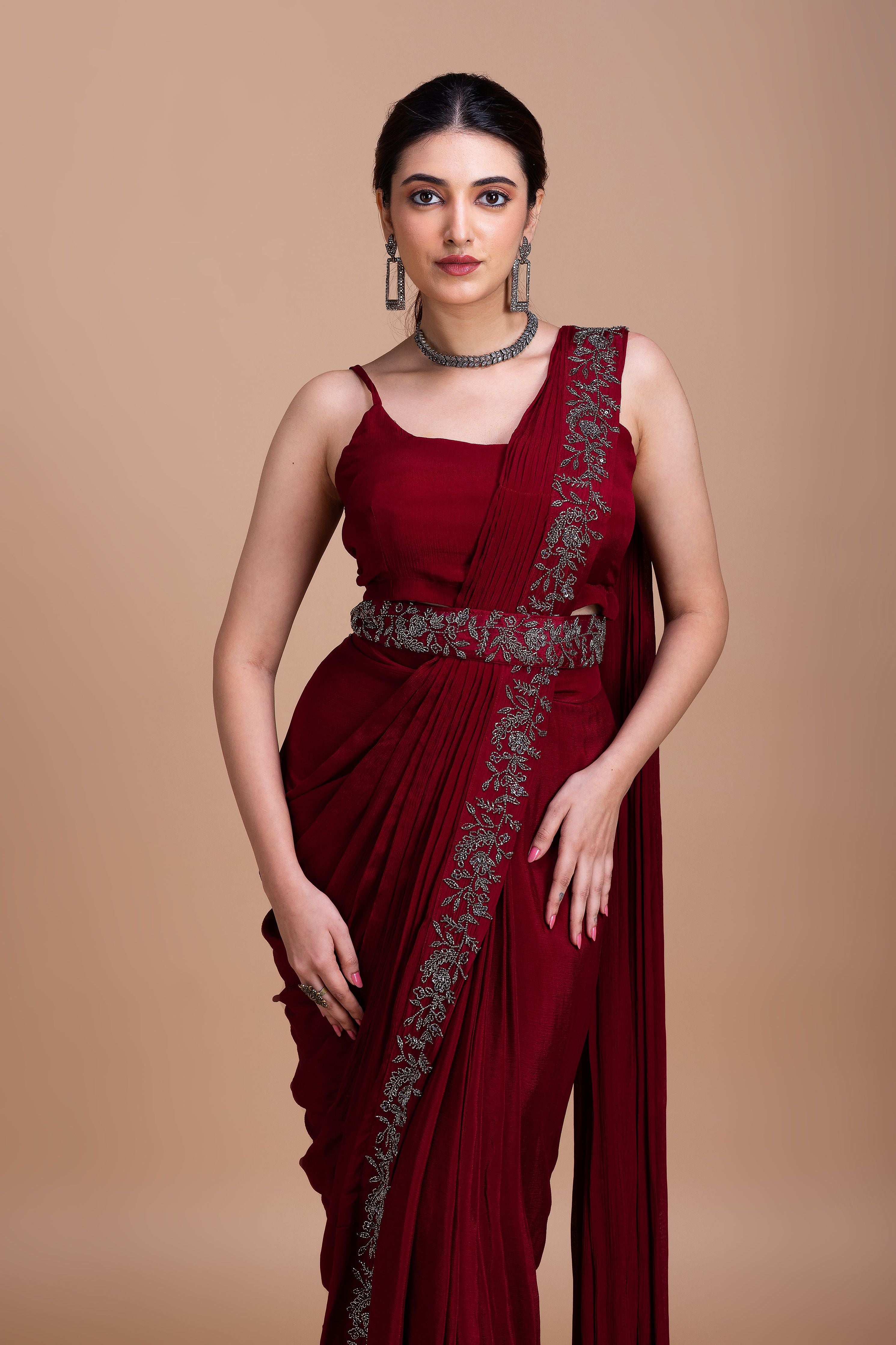 Wine Red Embroidered Blazer-Style Saree Set  Mokshaa