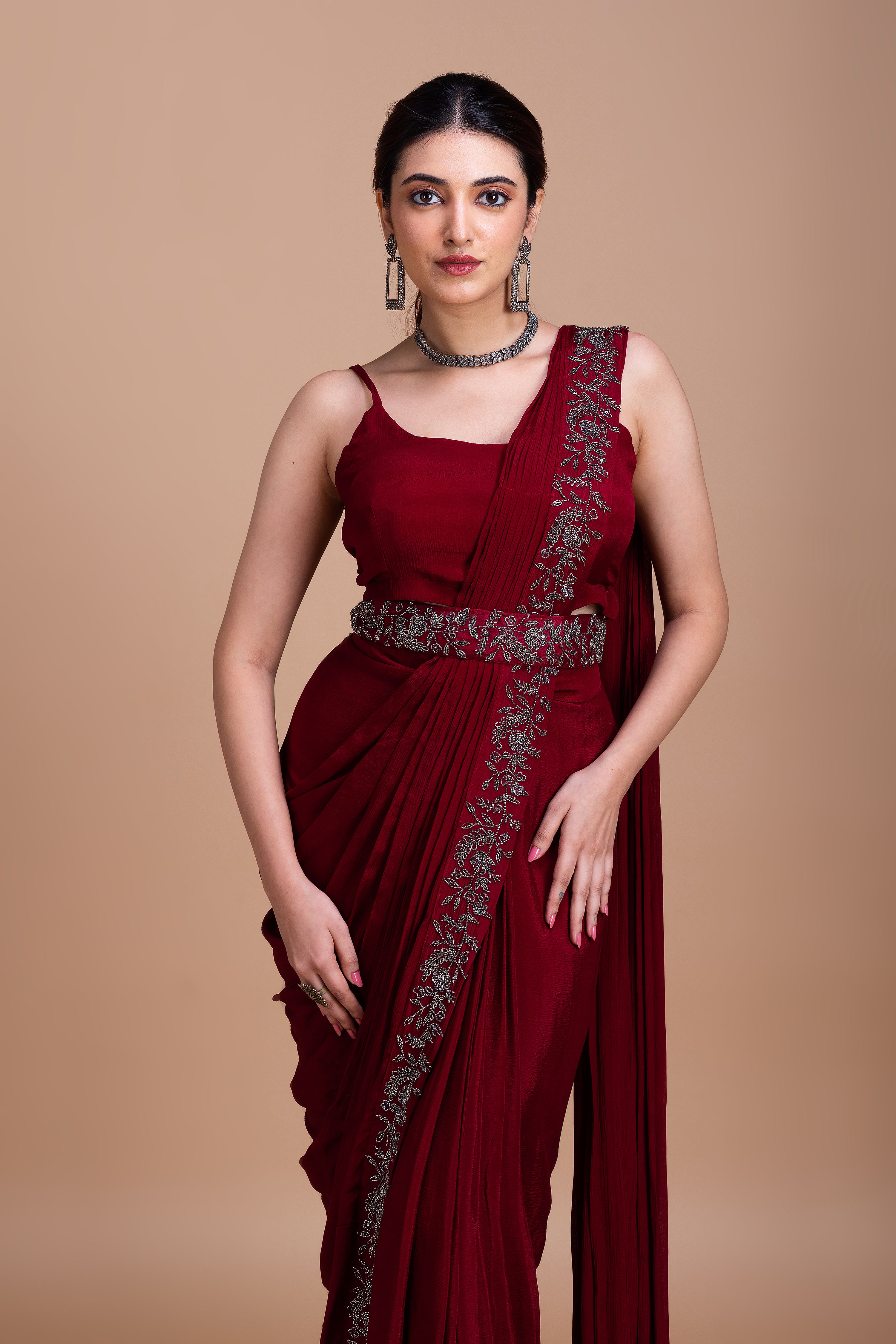 Wine Red Embroidered Blazer-Style Saree Set  Mokshaa