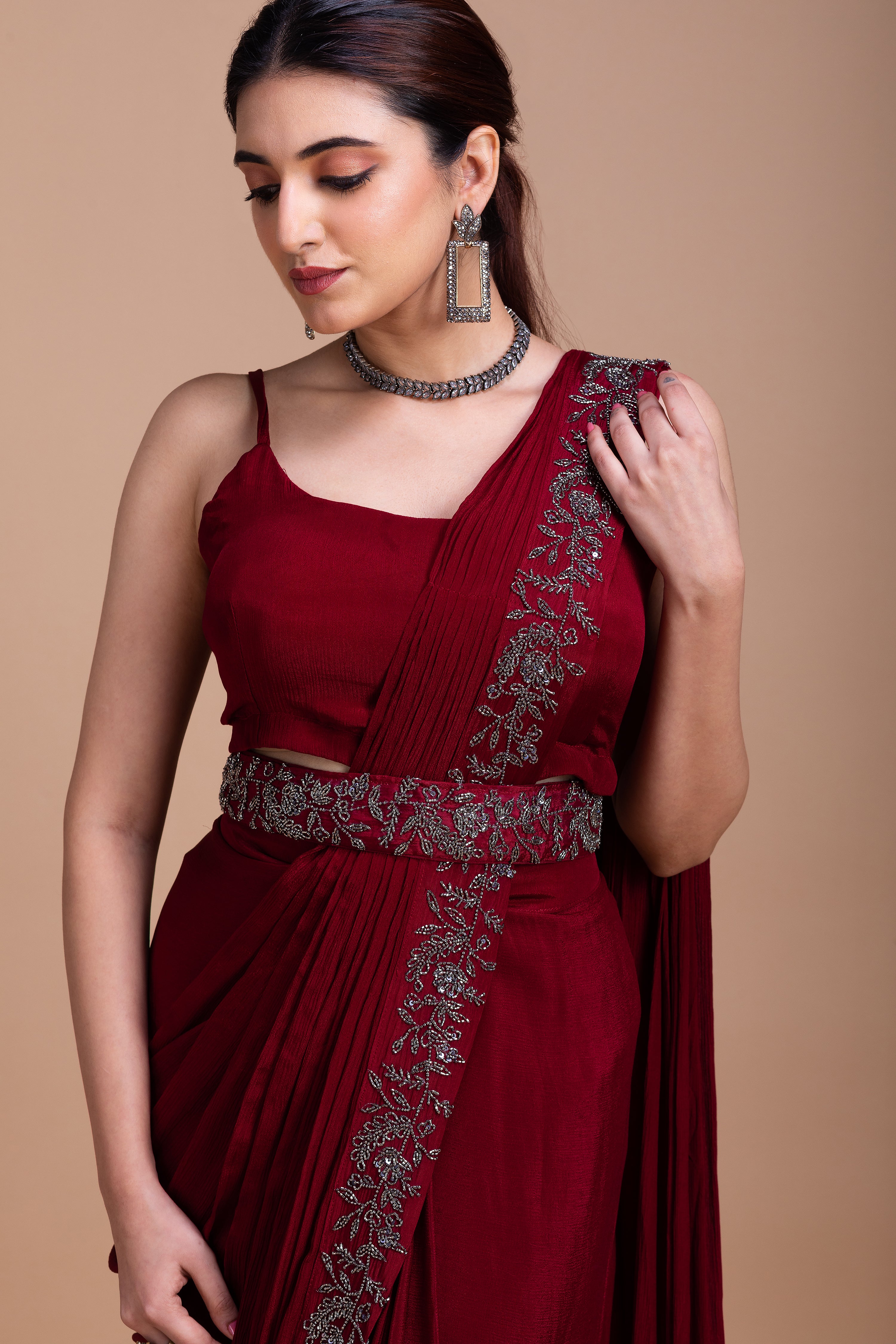 Wine Red Embroidered Blazer-Style Saree Set  Mokshaa