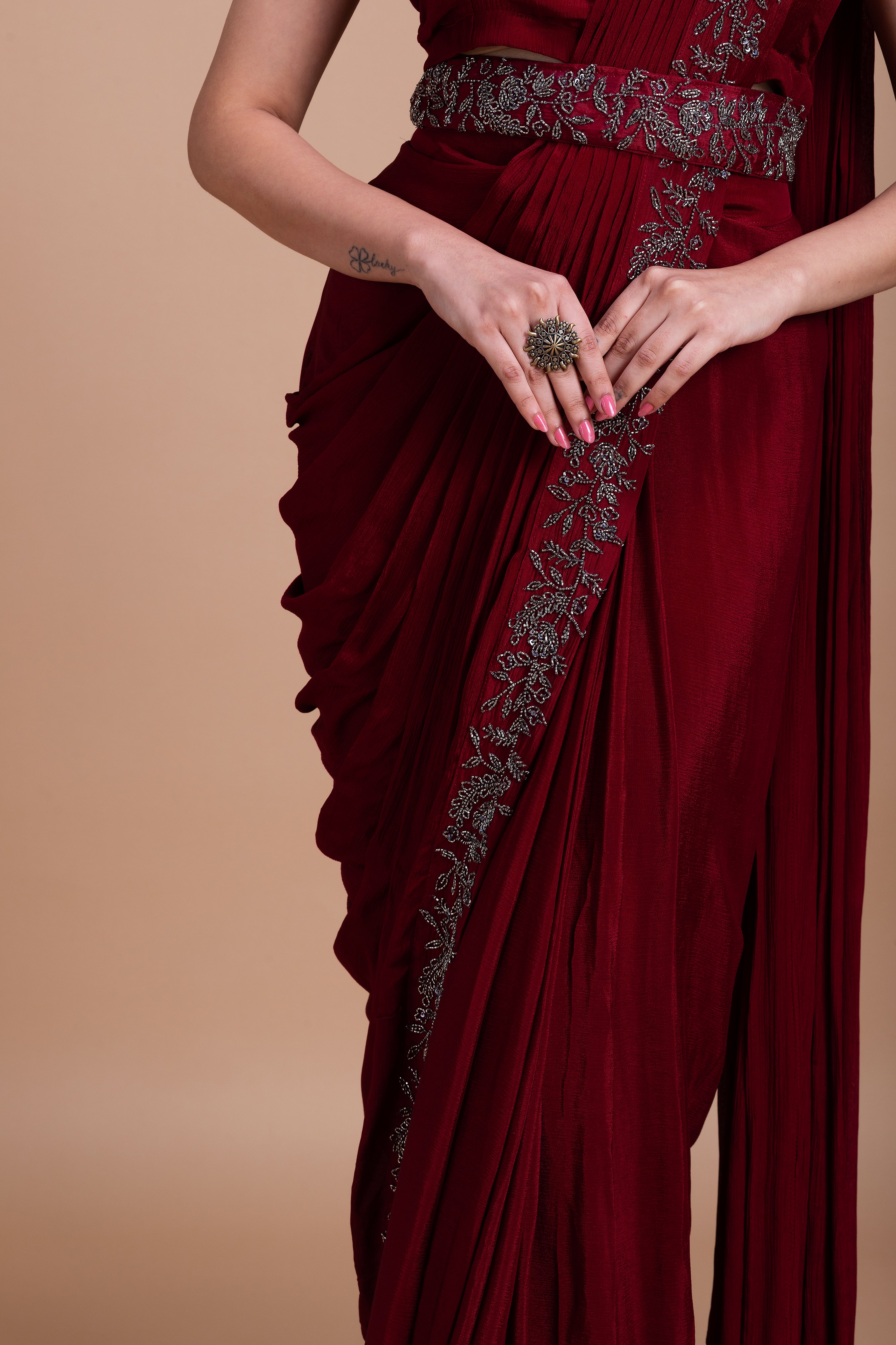 Wine Red Embroidered Blazer-Style Saree Set  Mokshaa