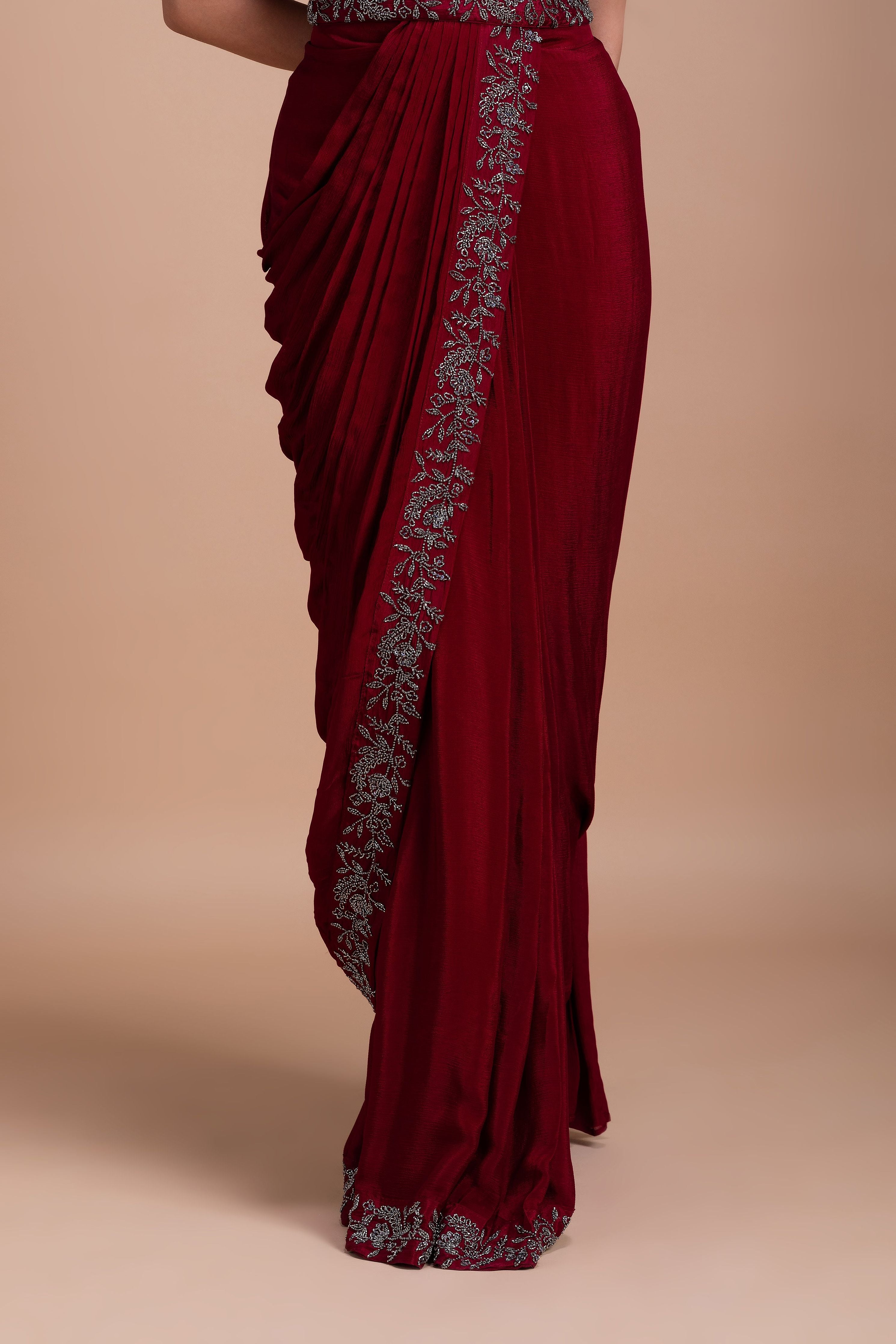 Wine Red Embroidered Blazer-Style Saree Set  Mokshaa