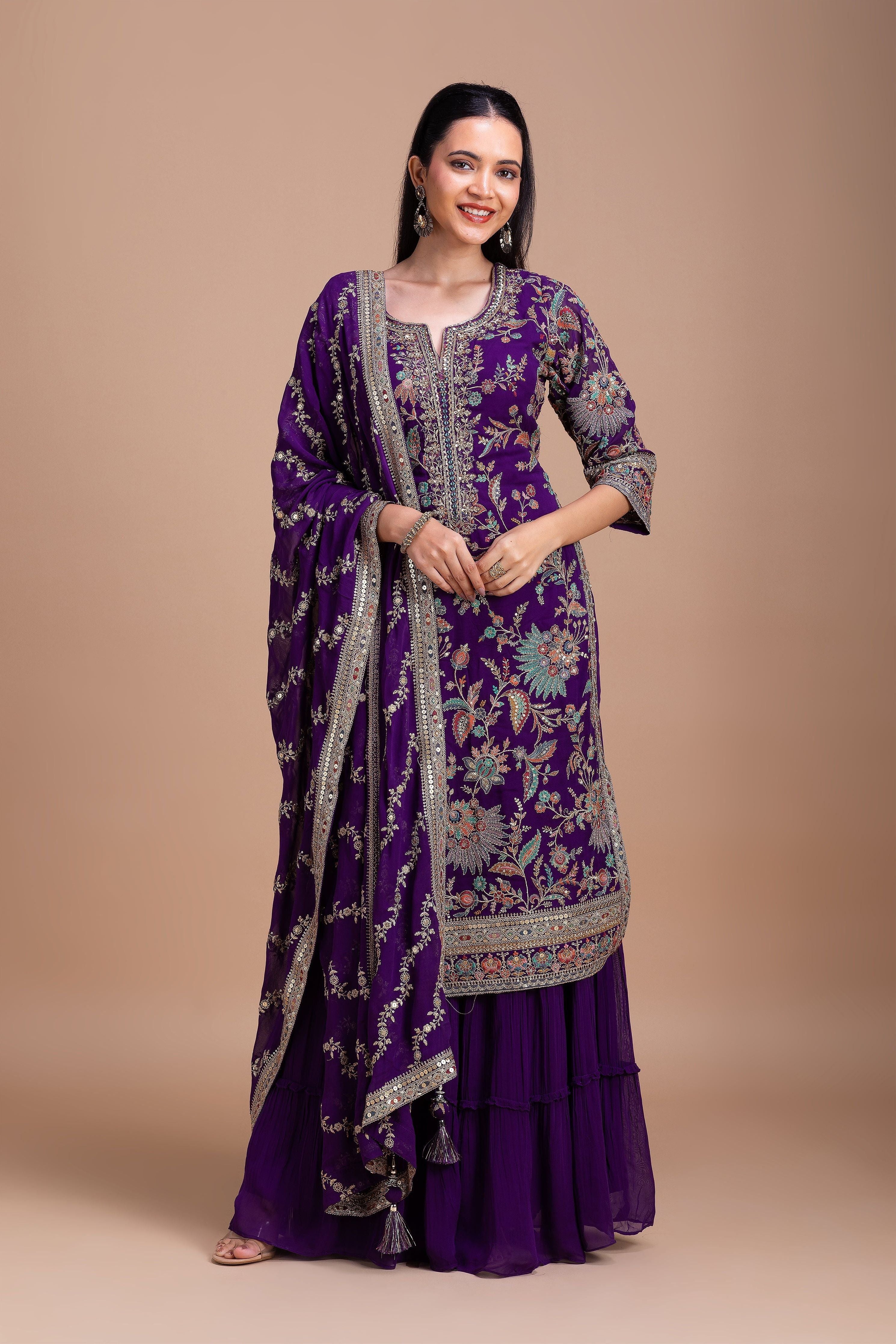 Royal Purple Floral Embroidered Sharara Set  Mokshaa