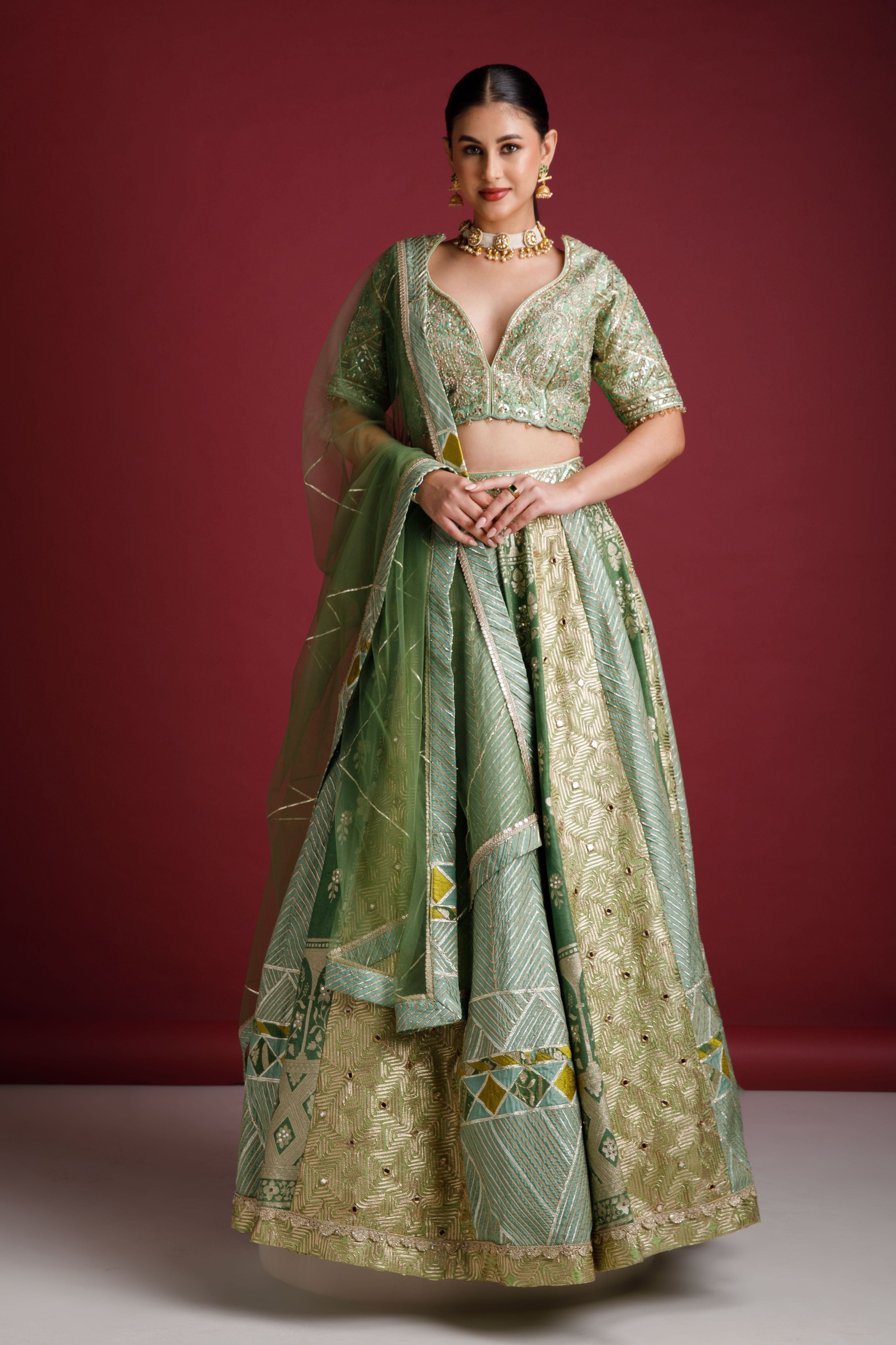 Moss green Banarasi Silk lehenga - Mokshaa