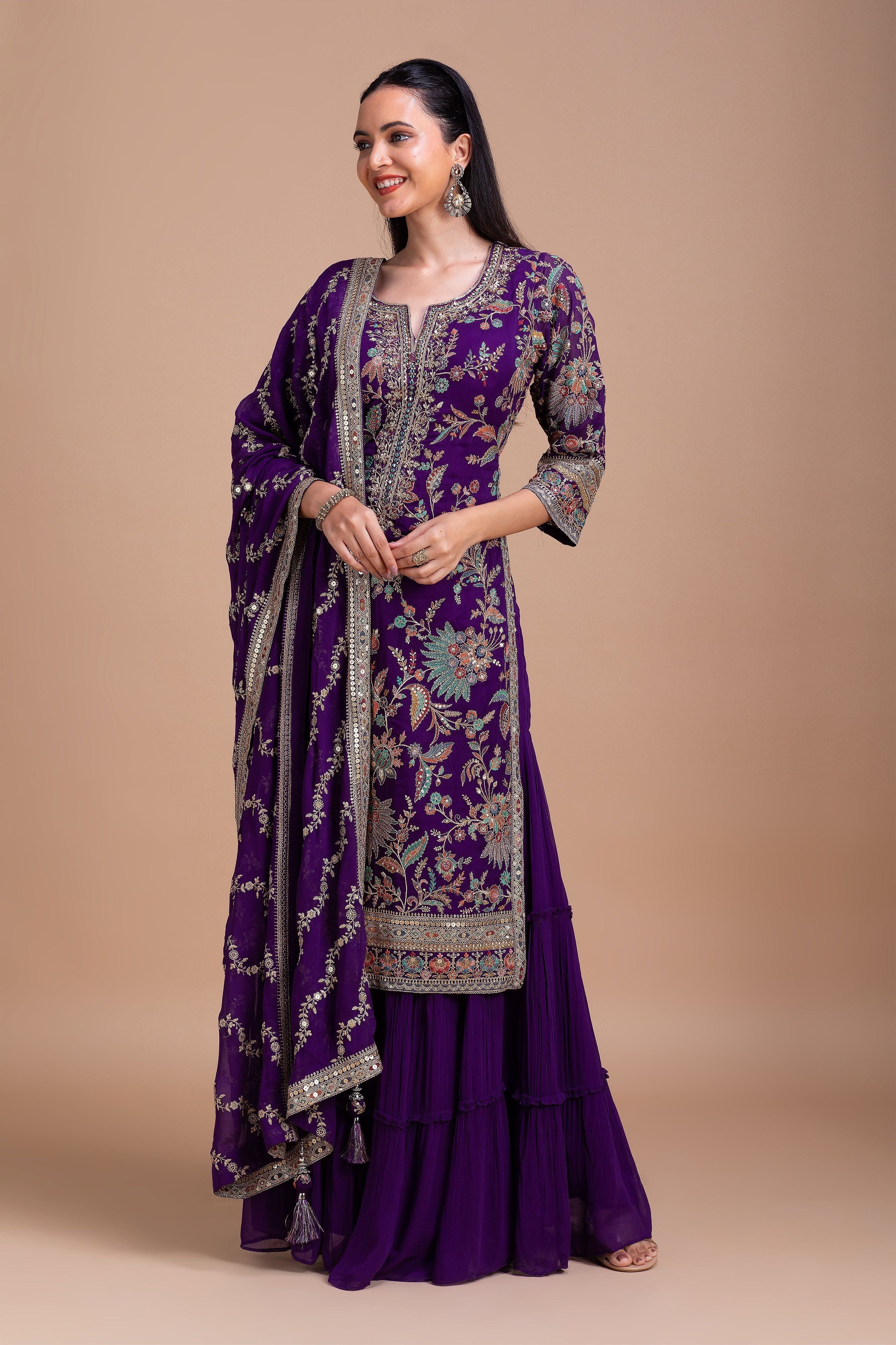 Royal Purple Floral Embroidered Sharara Set聽 Mokshaa