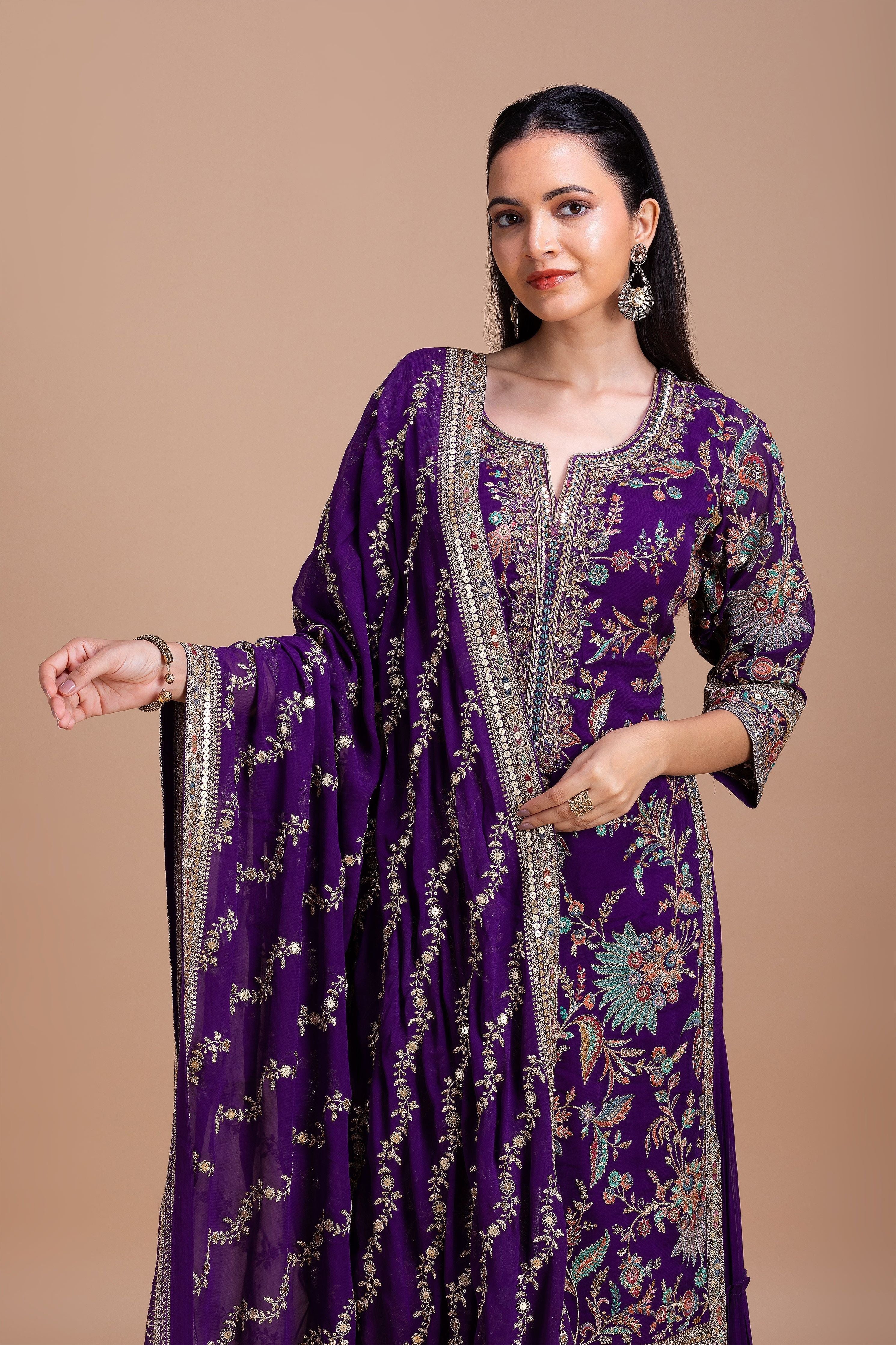 Royal Purple Floral Embroidered Sharara Set聽 Mokshaa