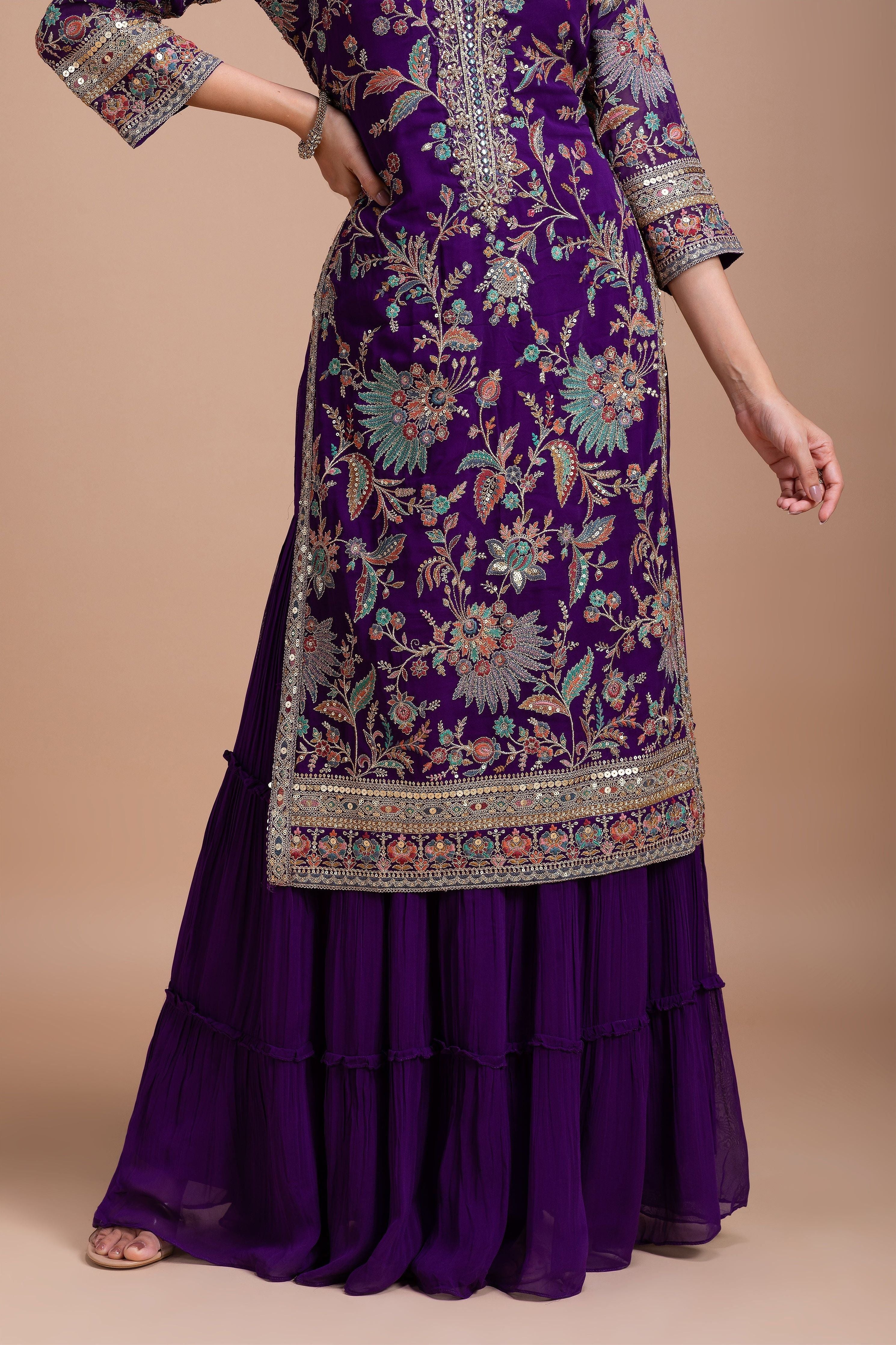 Royal Purple Floral Embroidered Sharara Set聽 Mokshaa