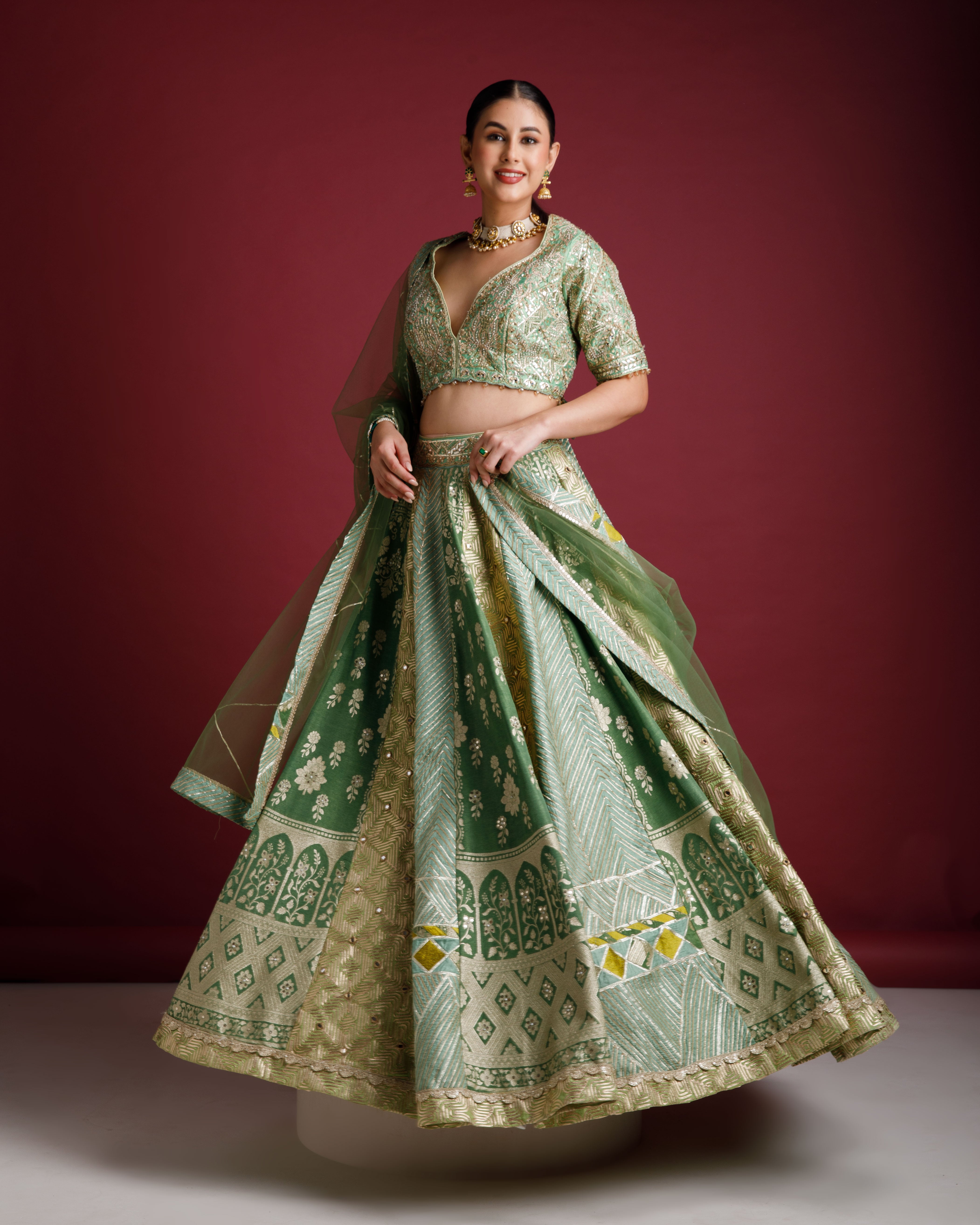 Moss green Banarasi Silk lehenga - Mokshaa