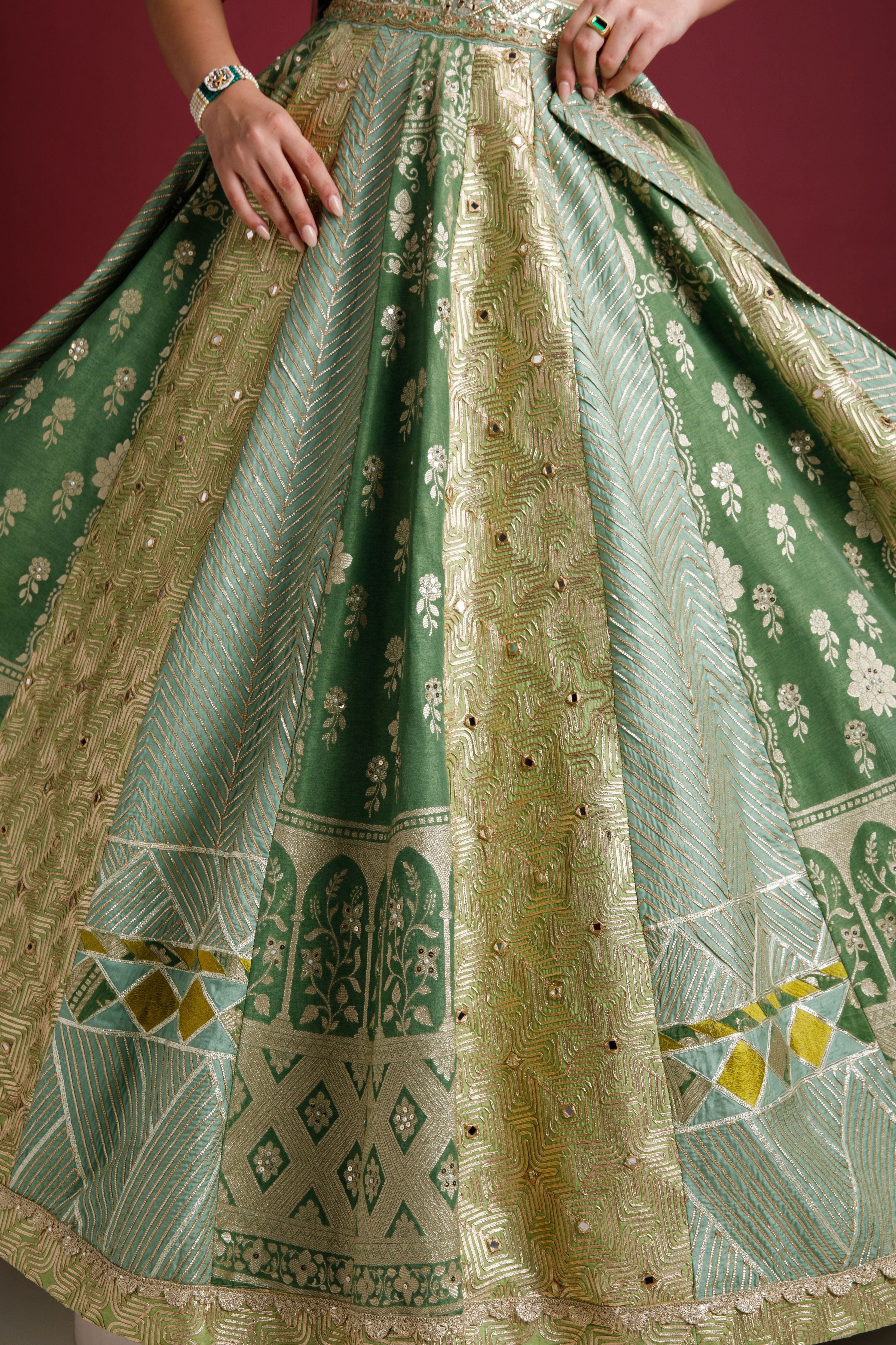 Moss green Banarasi Silk lehenga - Mokshaa