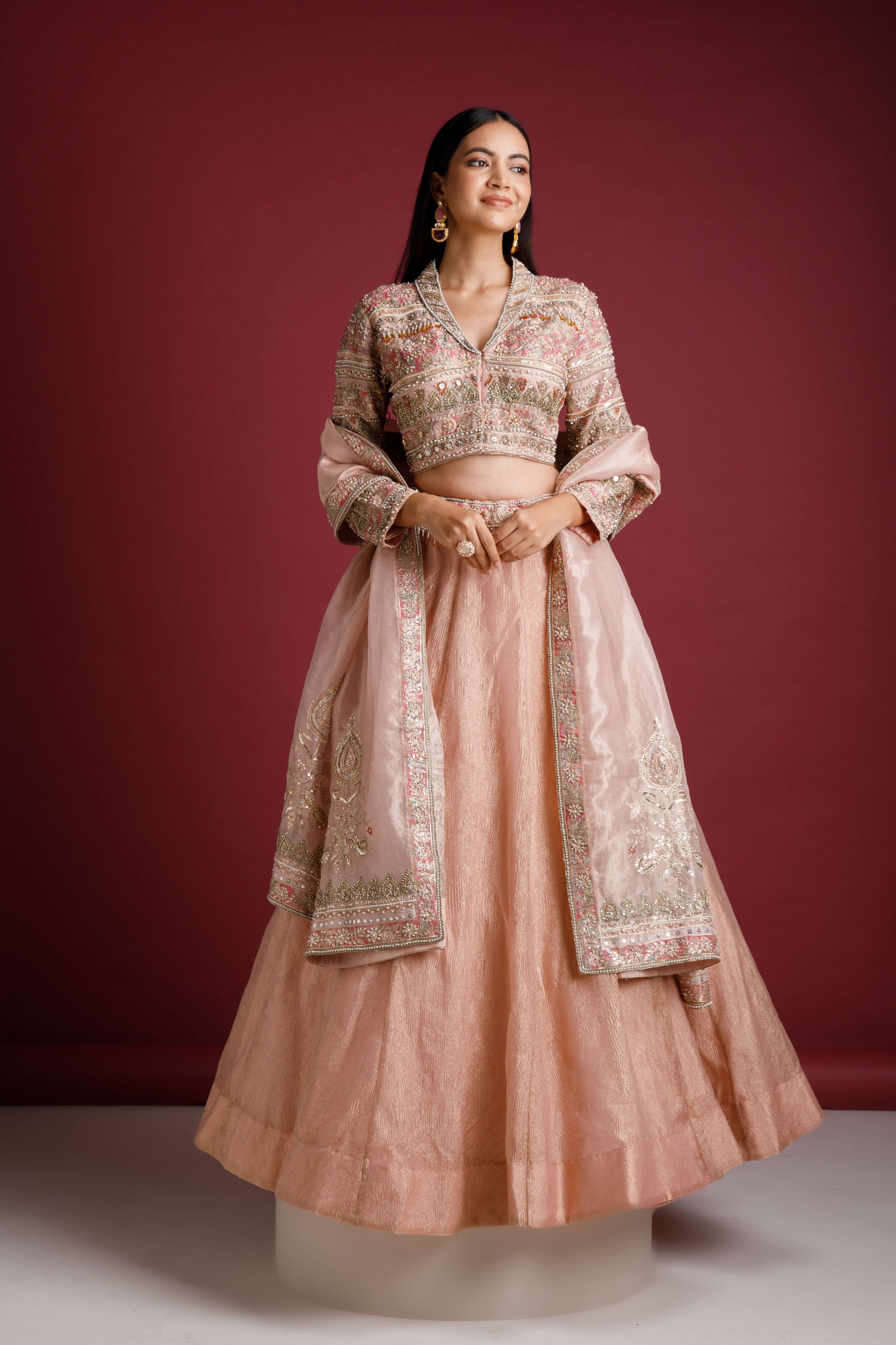 Dusty Rose Lehenga with Embellished Blouse and Tissue Skirt - Mokshaa