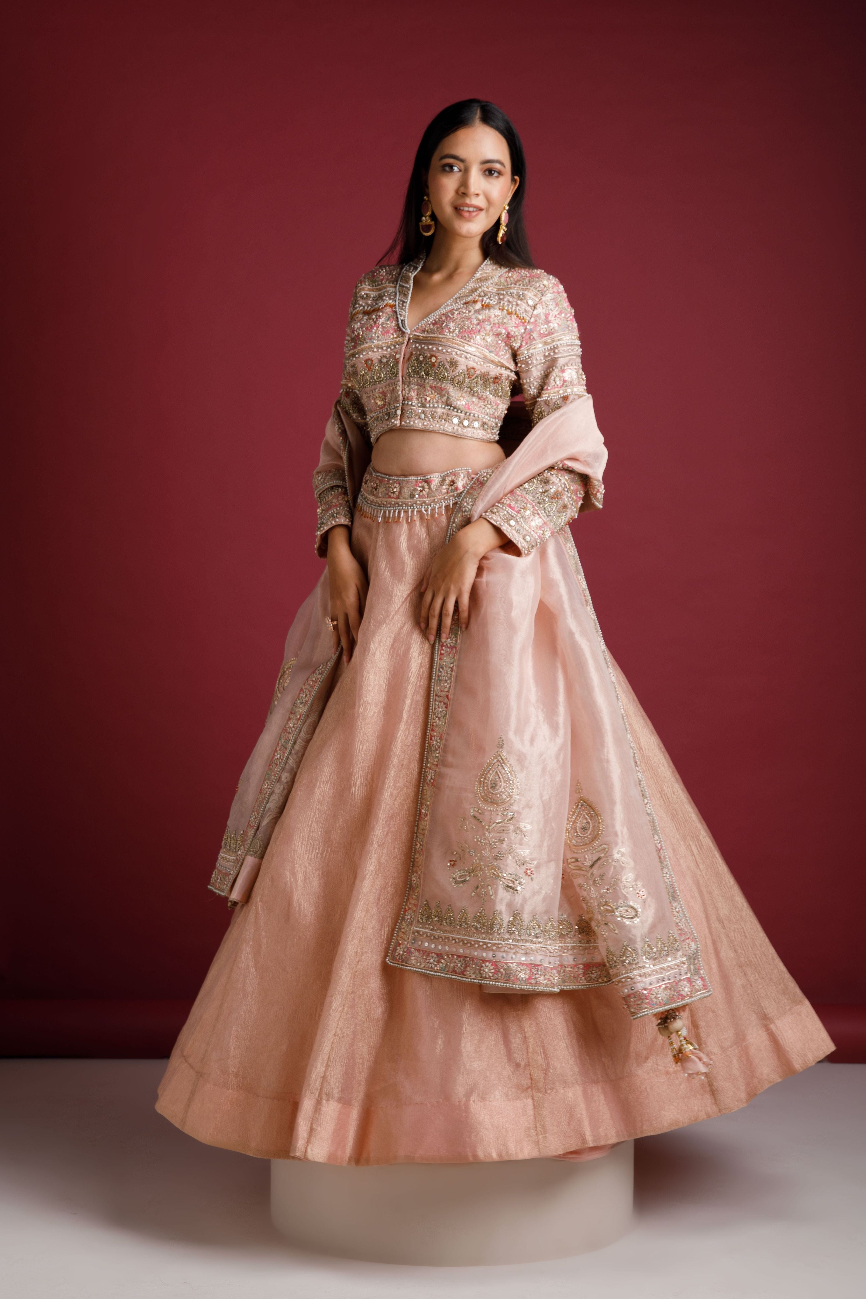 Dusty Rose Lehenga with Embellished Blouse and Tissue Skirt - Mokshaa