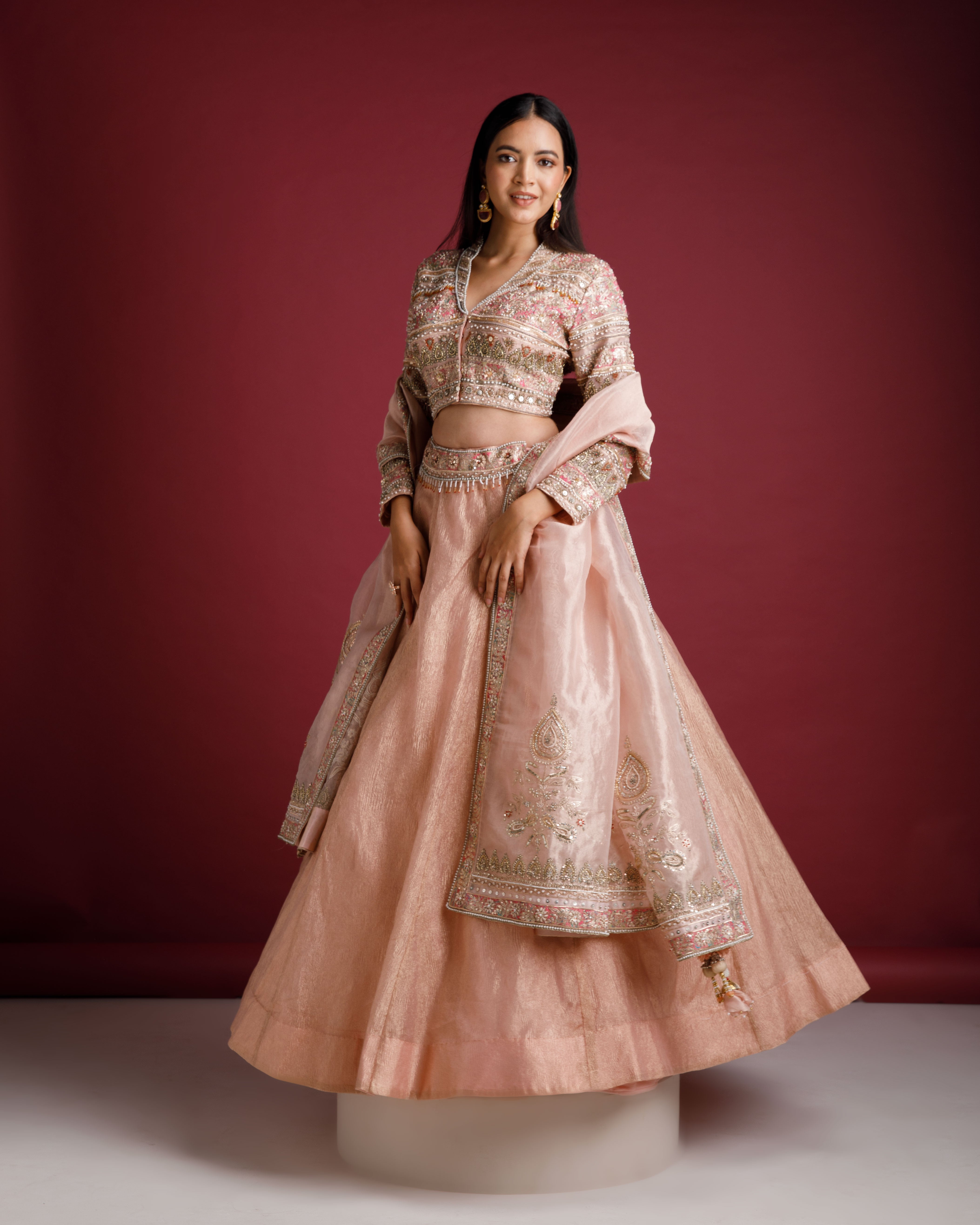 Dusty Rose Lehenga with Embellished Blouse and Tissue Skirt - Mokshaa